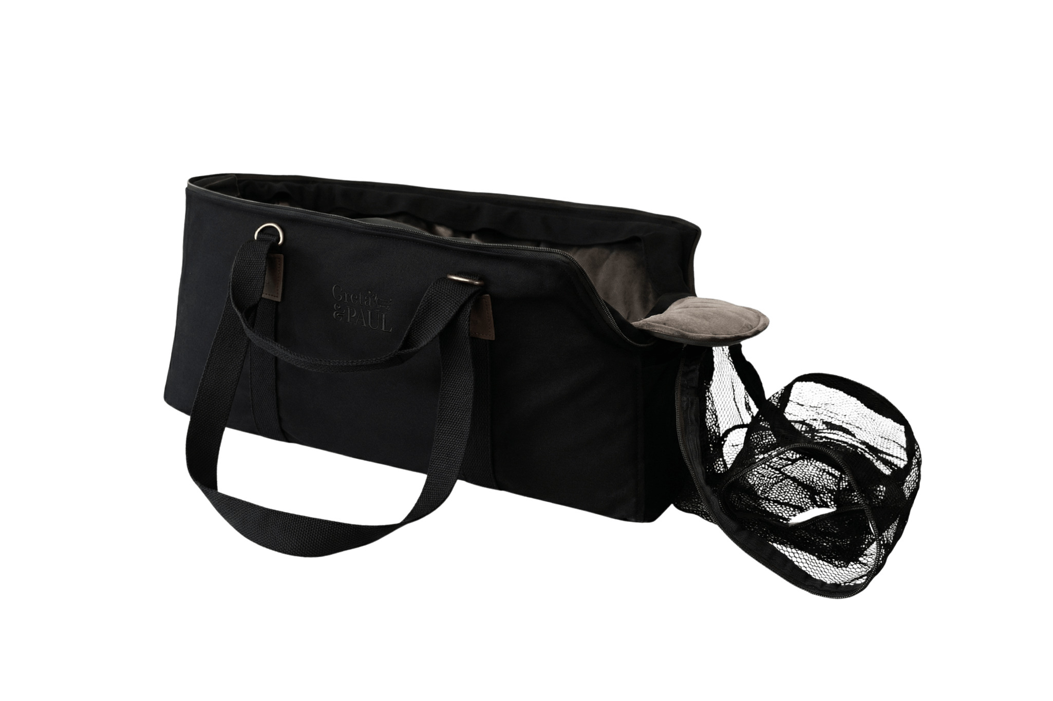 Gretas XL Premium Reise-Hundetasche „All Black“ mit anthrazitfarbenem Samt-Inlay