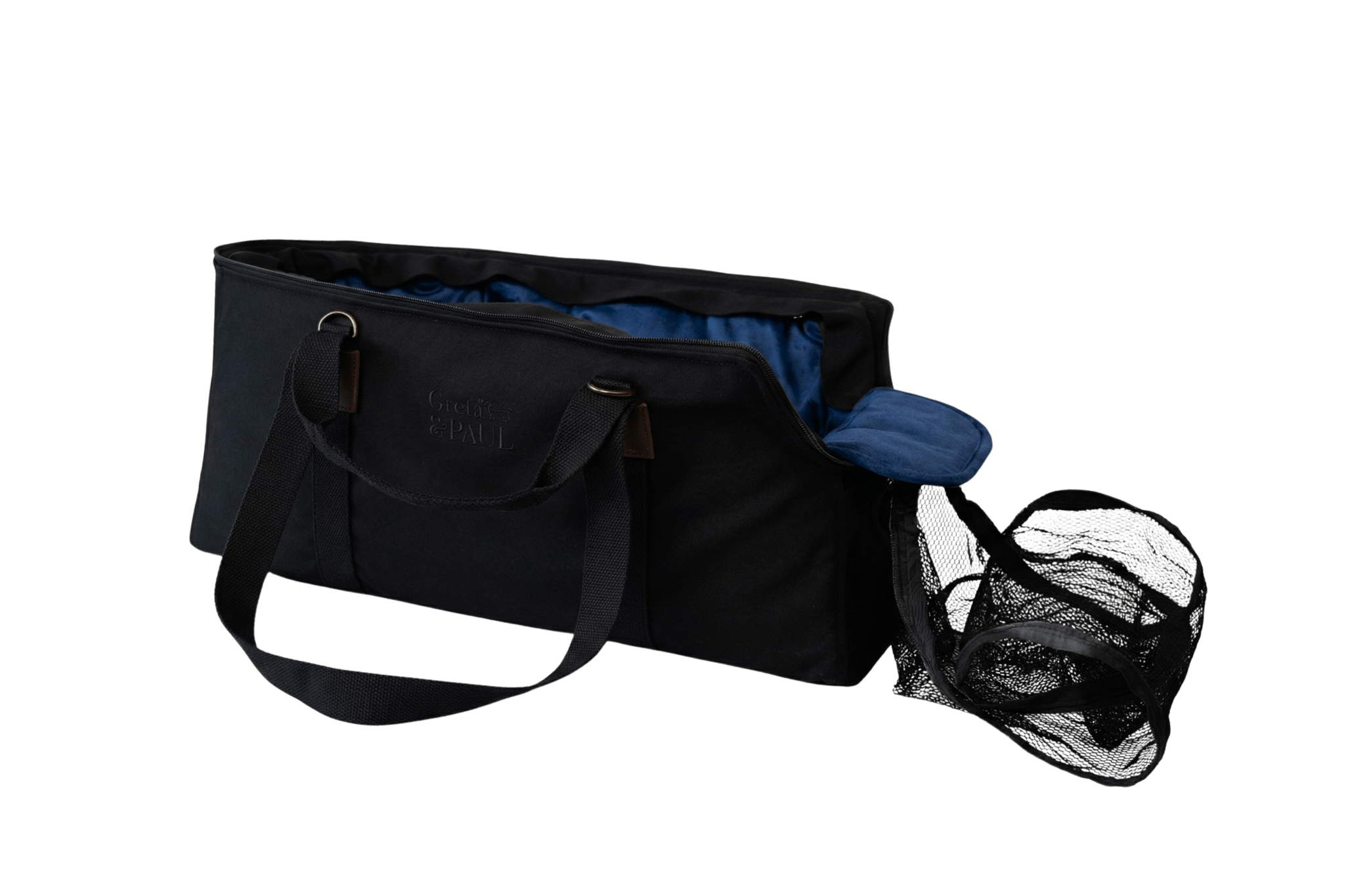 Gretas XL Premium Reise-Hundetasche „All Black“ mit königsblauem Samt-Inlay