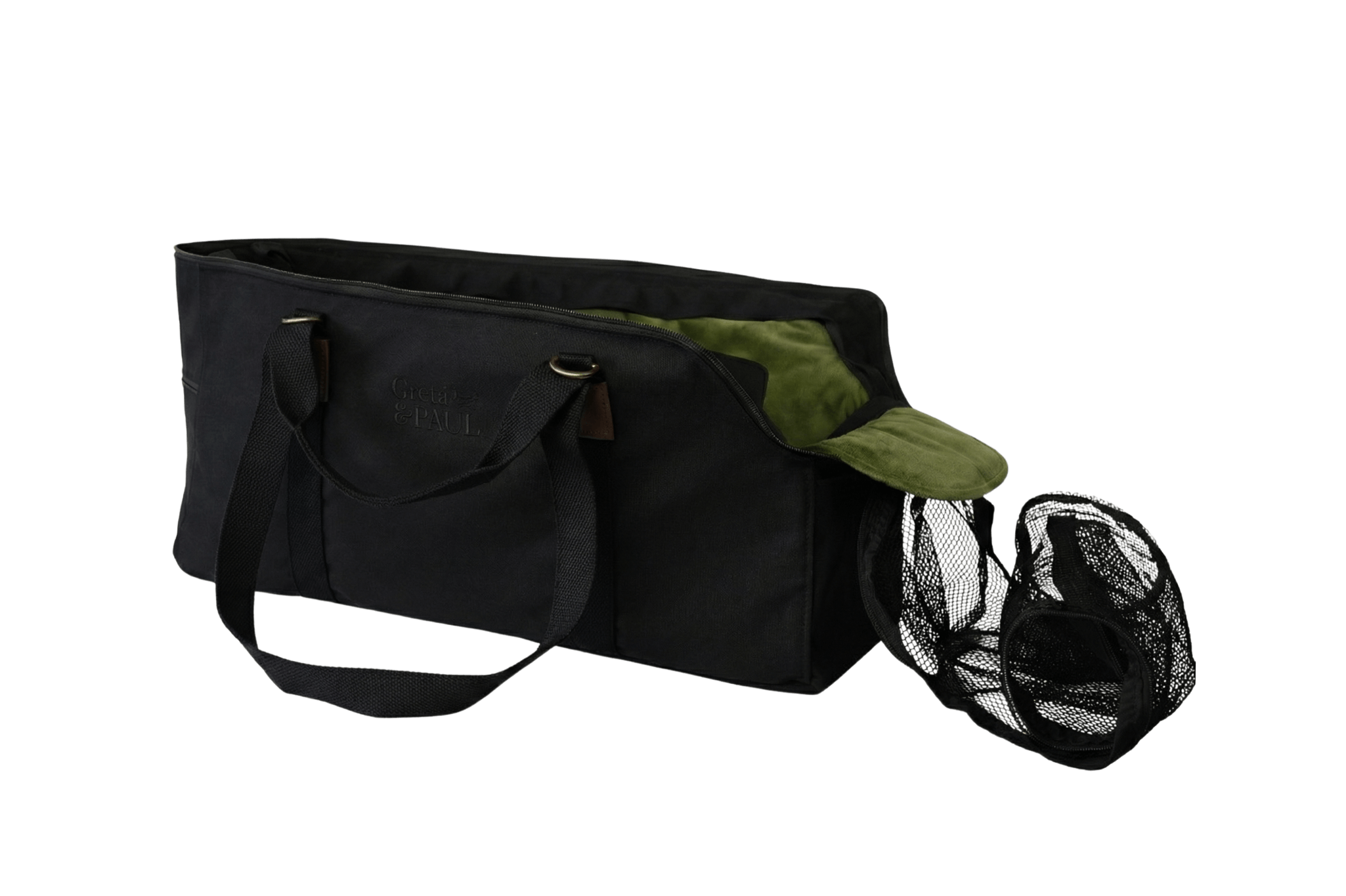 Gretas XL Premium Reise-Hundetasche „All Black“ mit olivgrünem Samt-Inlay