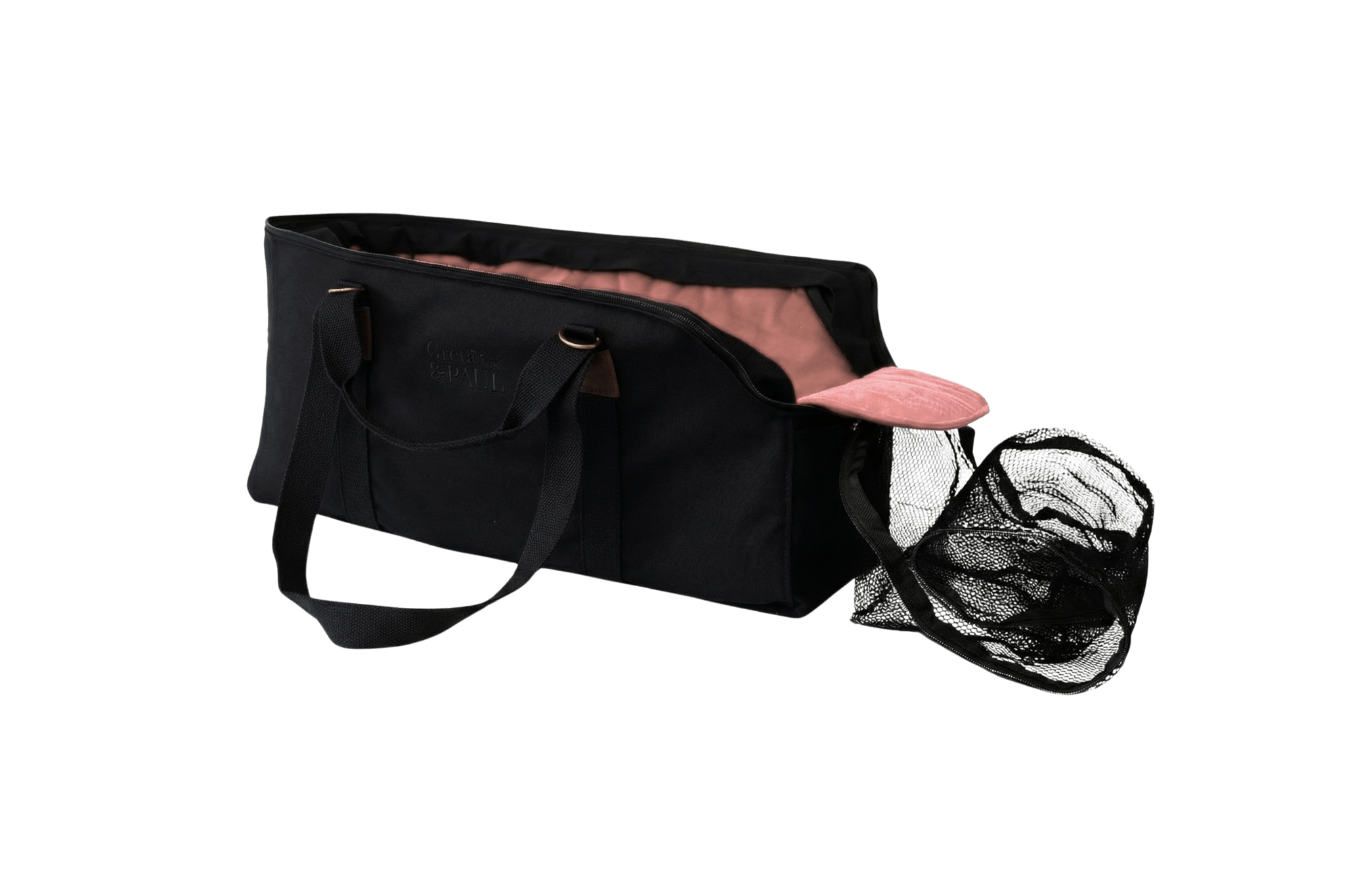 Gretas XL Premium Reise-Hundetasche „All Black“ mit rosafarbenem Samt-Inlay