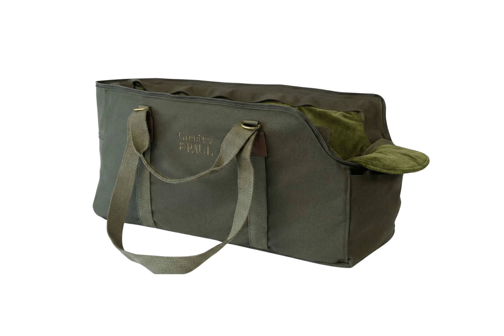 Greta's XL Hundetasche in Khaki mit olivgrünem Leinen-Inlay und verstautem Netz