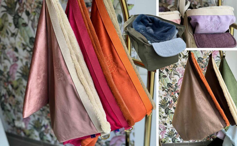 Bildcollage der Hundetragetasche 'Flausch-Säckchen' von GRETA & PAUL in vielen neuen, leuchtenden Farben.