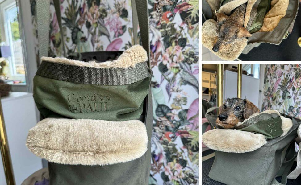 Bildcollage der Hundetasche 'Flausch-Säckchen' in Khaki-Beige, mit Dackel Gretchen und gesticktem Logo.