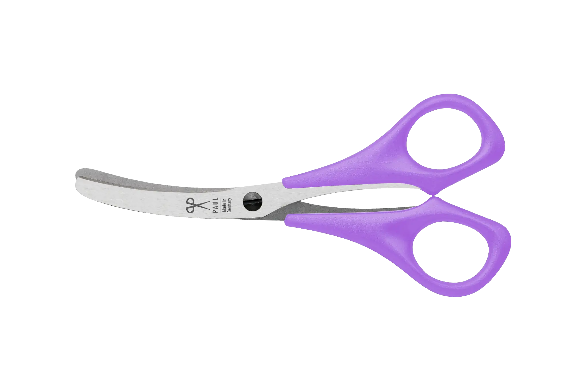 Gretas Premium Hundeschere in Helllila mit gebogenen Edelstahlklingen für eine sichere und präzise Fellpflege.
