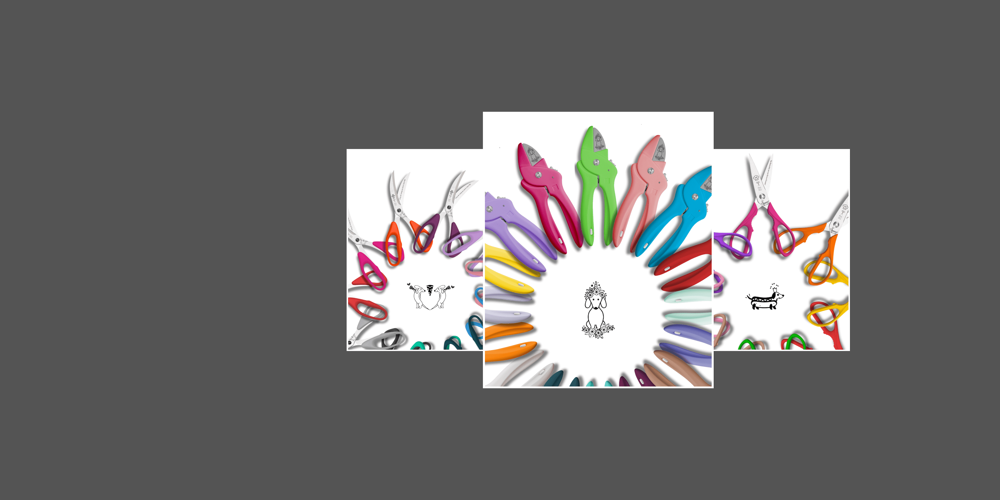 Kategoriebanner der Dackel-Scherenkollektion: Eine Collage aus bunten PAUL Scheren und Dackel-Illustrationen.
