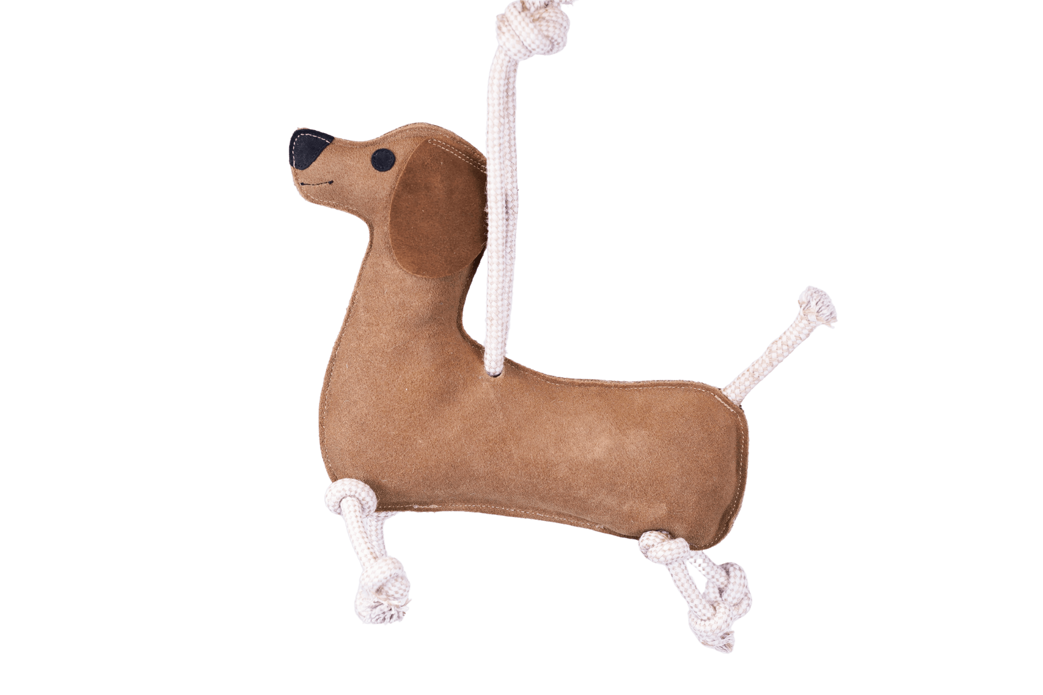Seitenansicht des handgefertigten Leder-Spielzeugdackels 'Paule' mit robusten Tau-Elementen.
