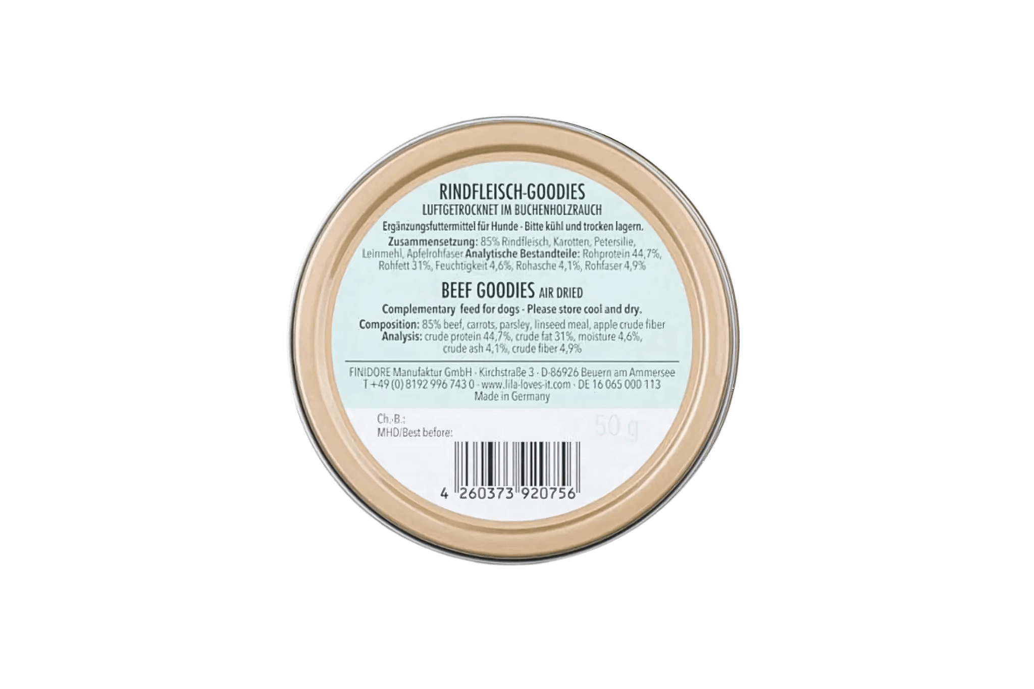Rückseite der LILA LOVES IT Rindfleisch-Goodies Verpackung mit Zusammensetzung und analytischen Bestandteilen.
