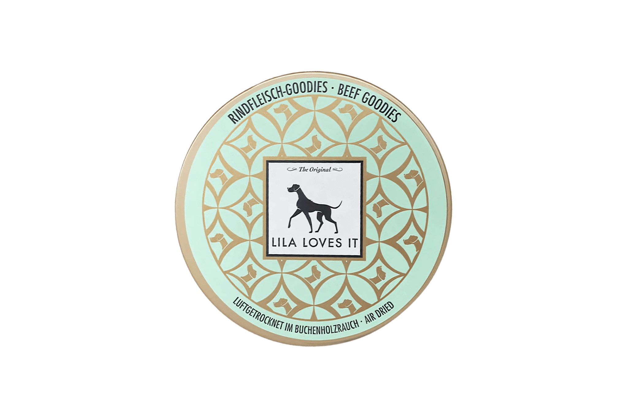 Dekorative Verpackung der LILA LOVES IT Rindfleisch-Goodies, luftgetrocknet im Buchenholzrauch.
