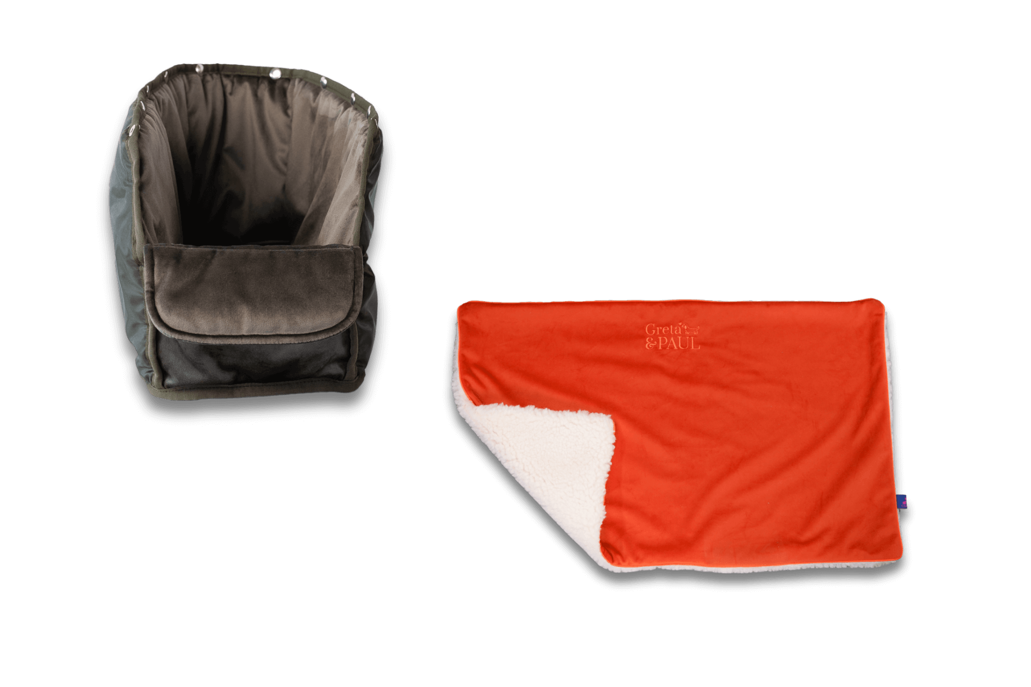 Handgefertigte Greta & PAUL orangefarbene Samt-Flausch Hundedecke mit anthrazitfarbenem Samt-Inlay