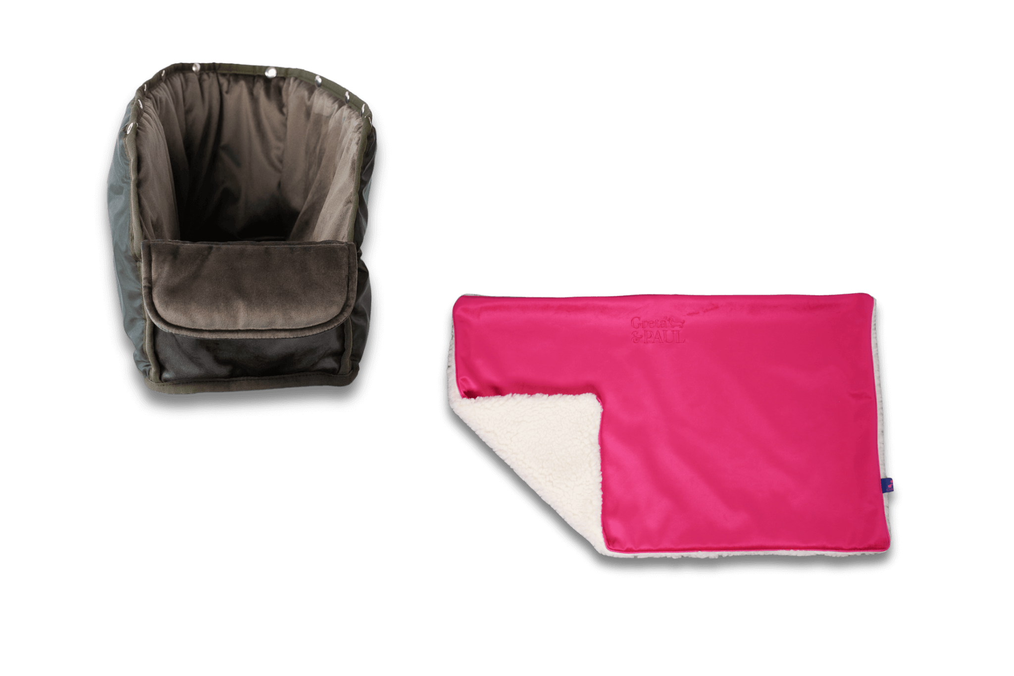 Handgefertigte Greta & PAUL pinke Samt-Flausch Hundedecke mit anthrazitfarbenem Samt-Inlay