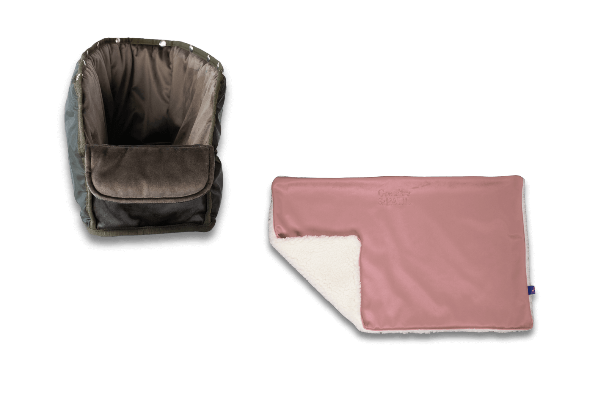 Handgefertigte Greta & PAUL rosafarbene Samt-Flausch Hundedecke mit anthrazitfarbenem Samt-Inlay