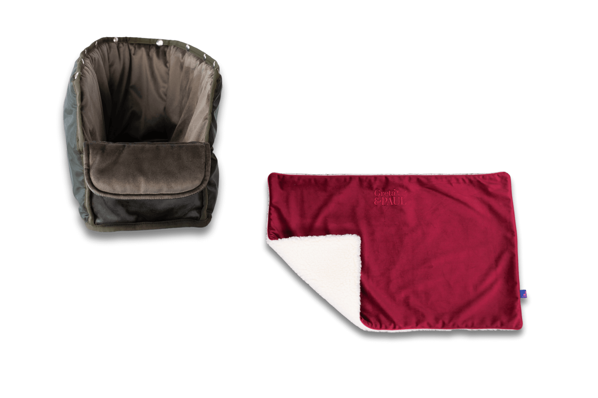 Handgefertigte Greta & PAUL Very-berryfarbene Samt-Flausch Hundedecke mit anthrazitfarbenem Samt-Inlay