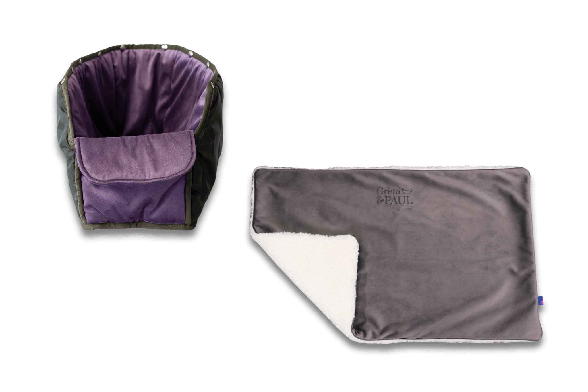 Handgefertigte Greta & PAUL anthrazitfarbene Samt-Flausch Hundedecke mit fliederfarbenem Samt-Inlay