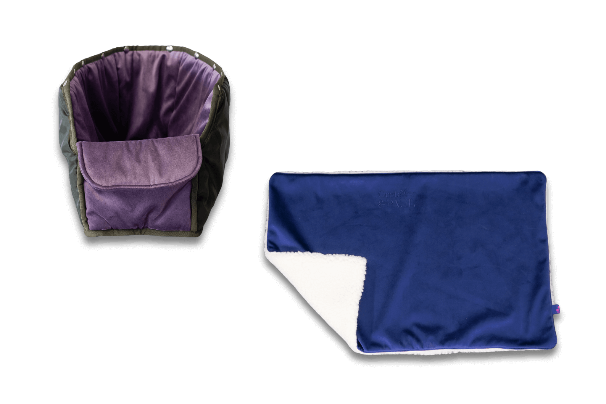 Handgefertigte Greta & PAUL königsblaue Samt-Flausch Hundedecke mit fliederfarbenem Samt-Inlay