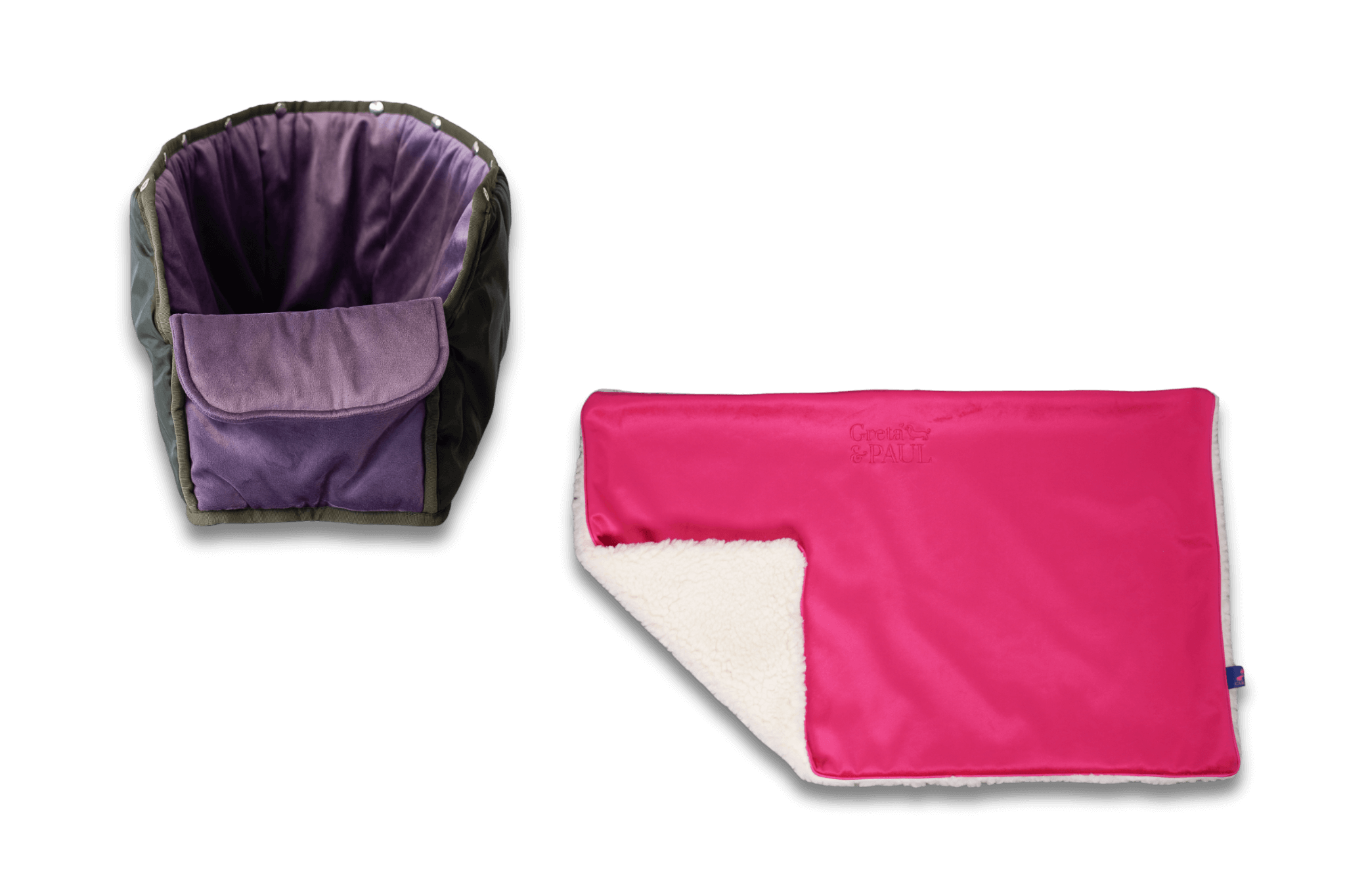 Handgefertigte Greta & PAUL pinke Samt-Flausch Hundedecke mit fliederfarbenem Samt-Inlay