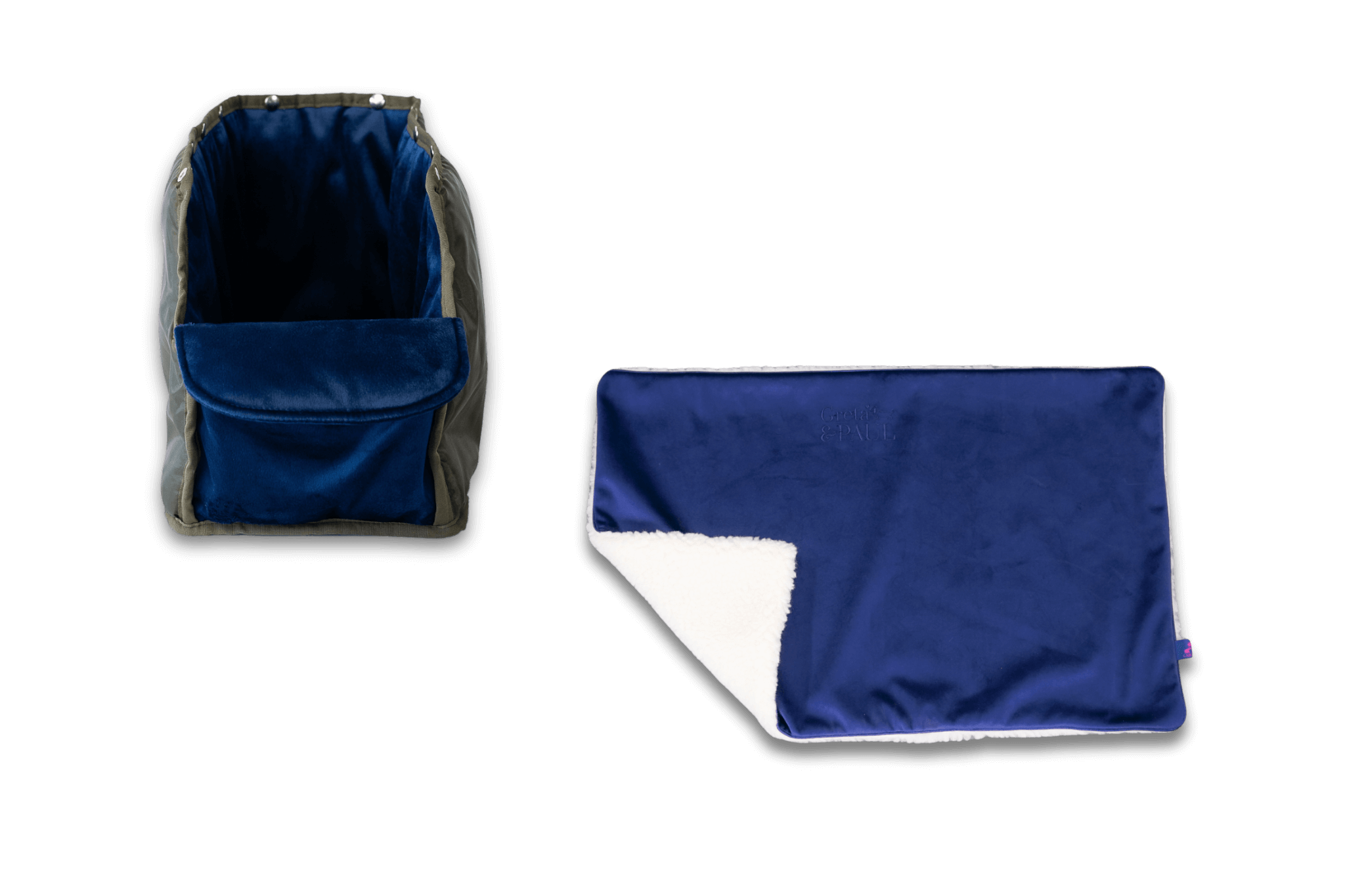 Handgefertigte Greta & PAUL königsblaue Samt-Flausch Hundedecke mit königsblauem Samt-Inlay