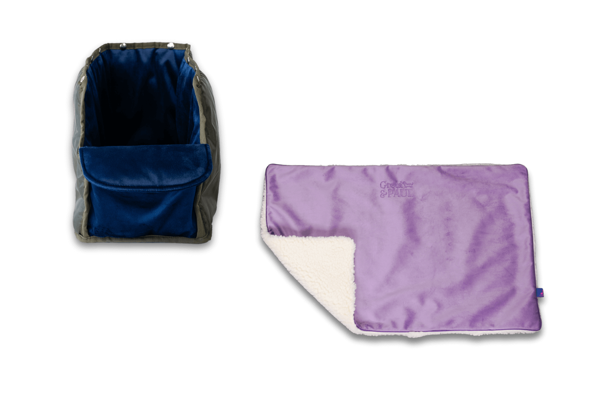 Handgefertigte Greta & PAUL fliederfarbene Samt-Flausch Hundedecke mit königsblauem Samt-Inlay