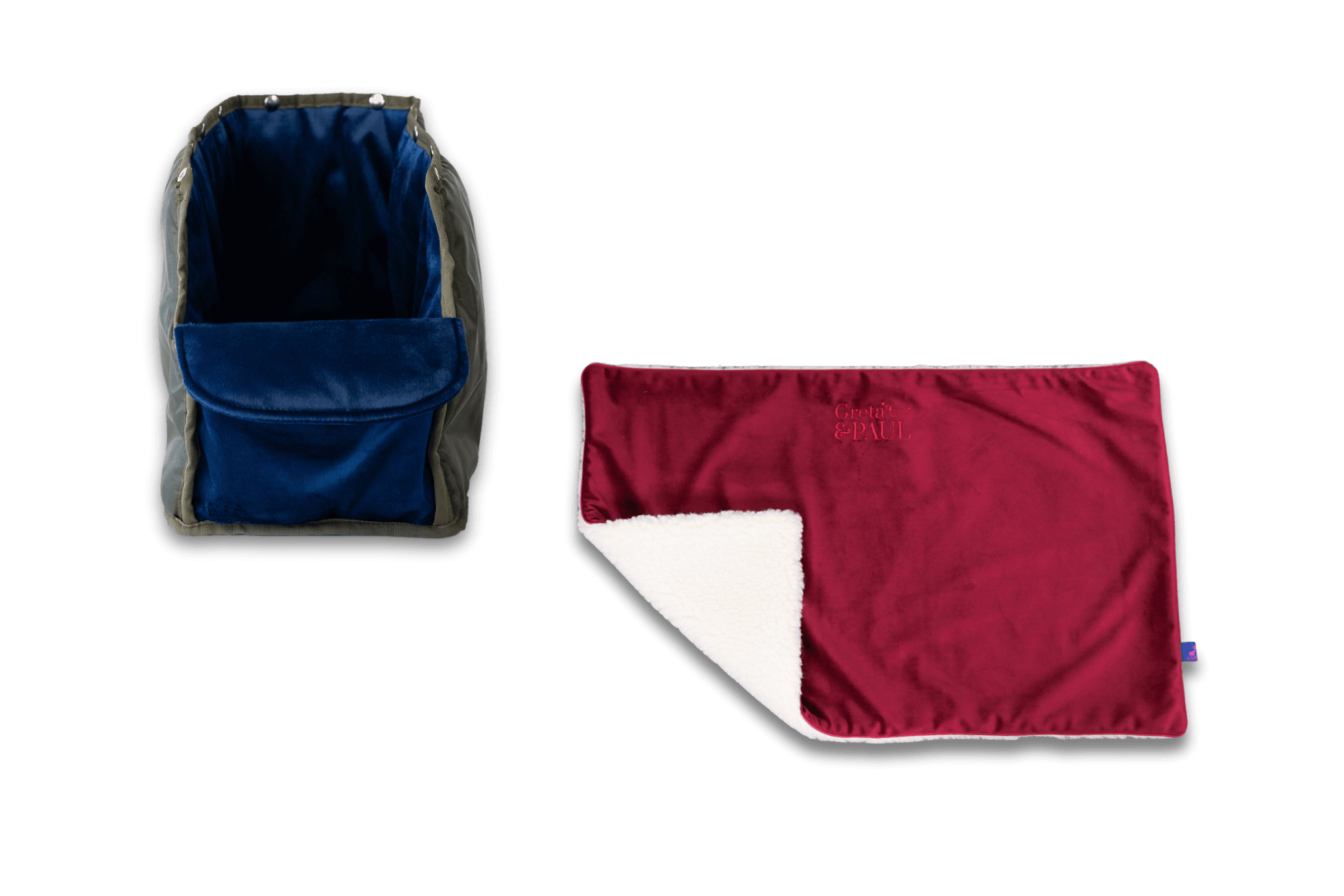 Handgefertigte Greta & PAUL very-berryfarbene Samt-Flausch Hundedecke mit königsblauem Samt-Inlay