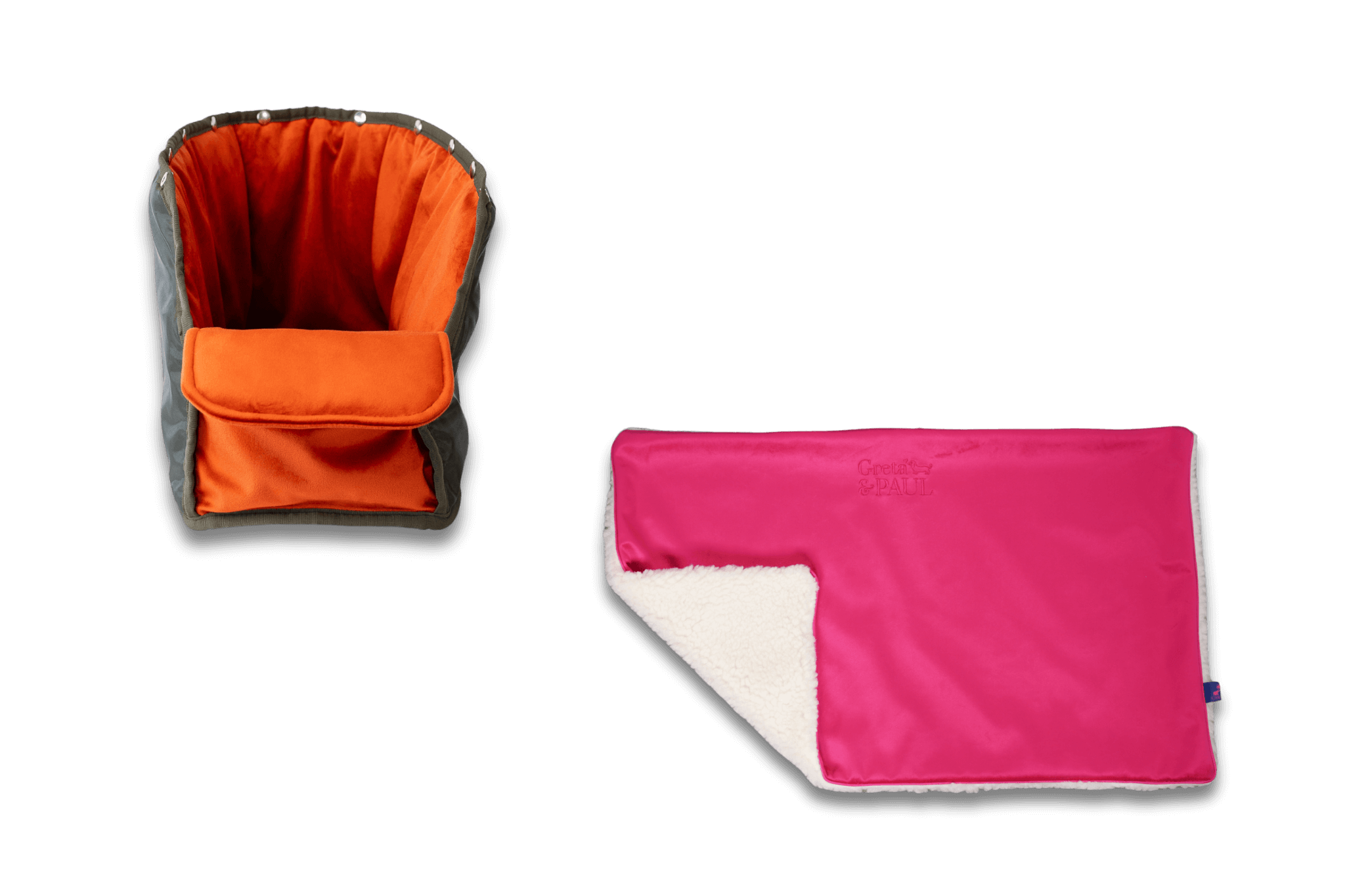 Handgefertigte Greta & PAUL pinke Samt-Flausch Hundedecke mit orangefarbenem Samt-Inlay