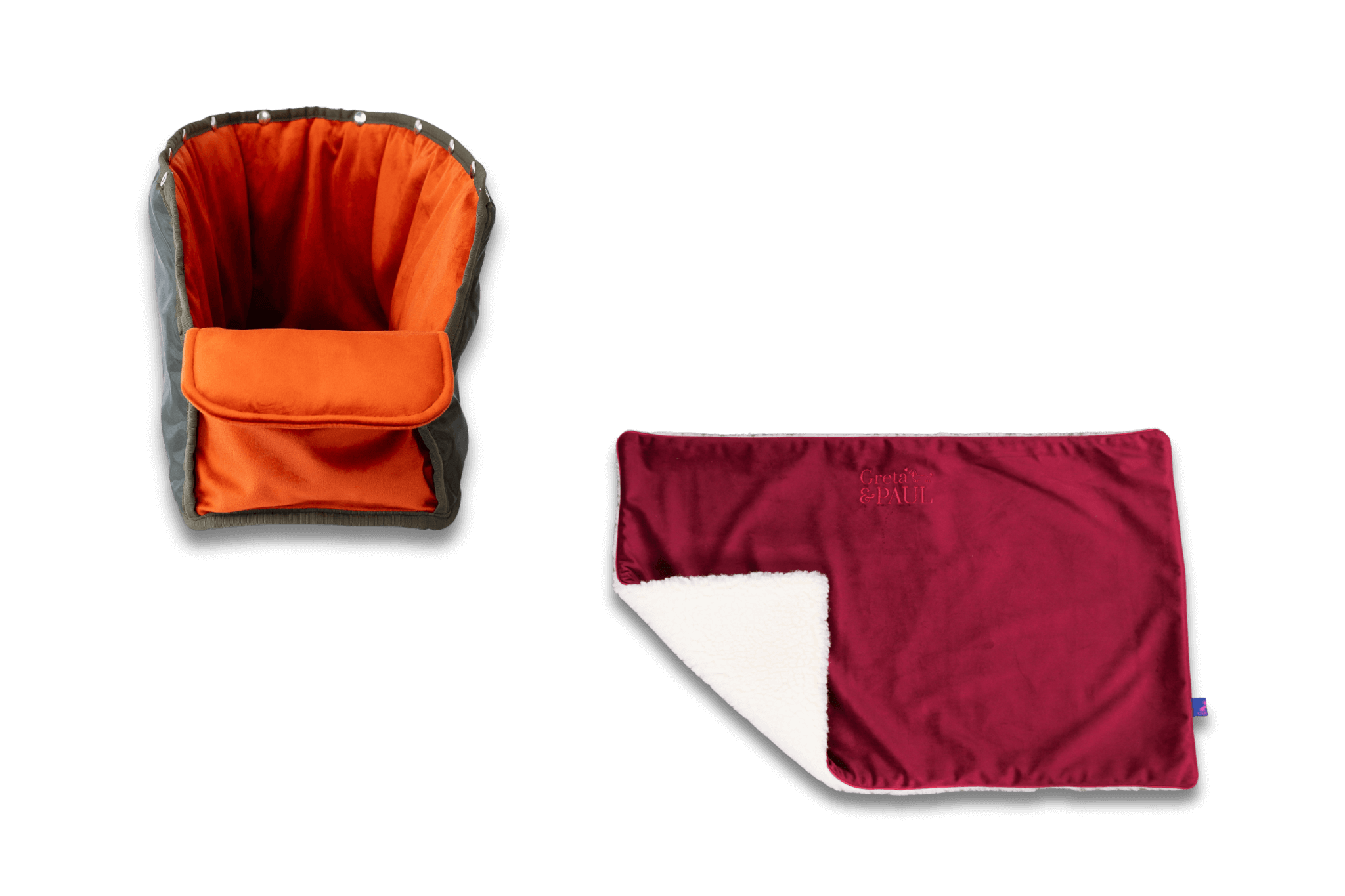 Handgefertigte Greta & PAUL very-berryfarbene Samt-Flausch Hundedecke mit orangefarbenem Samt-Inlay