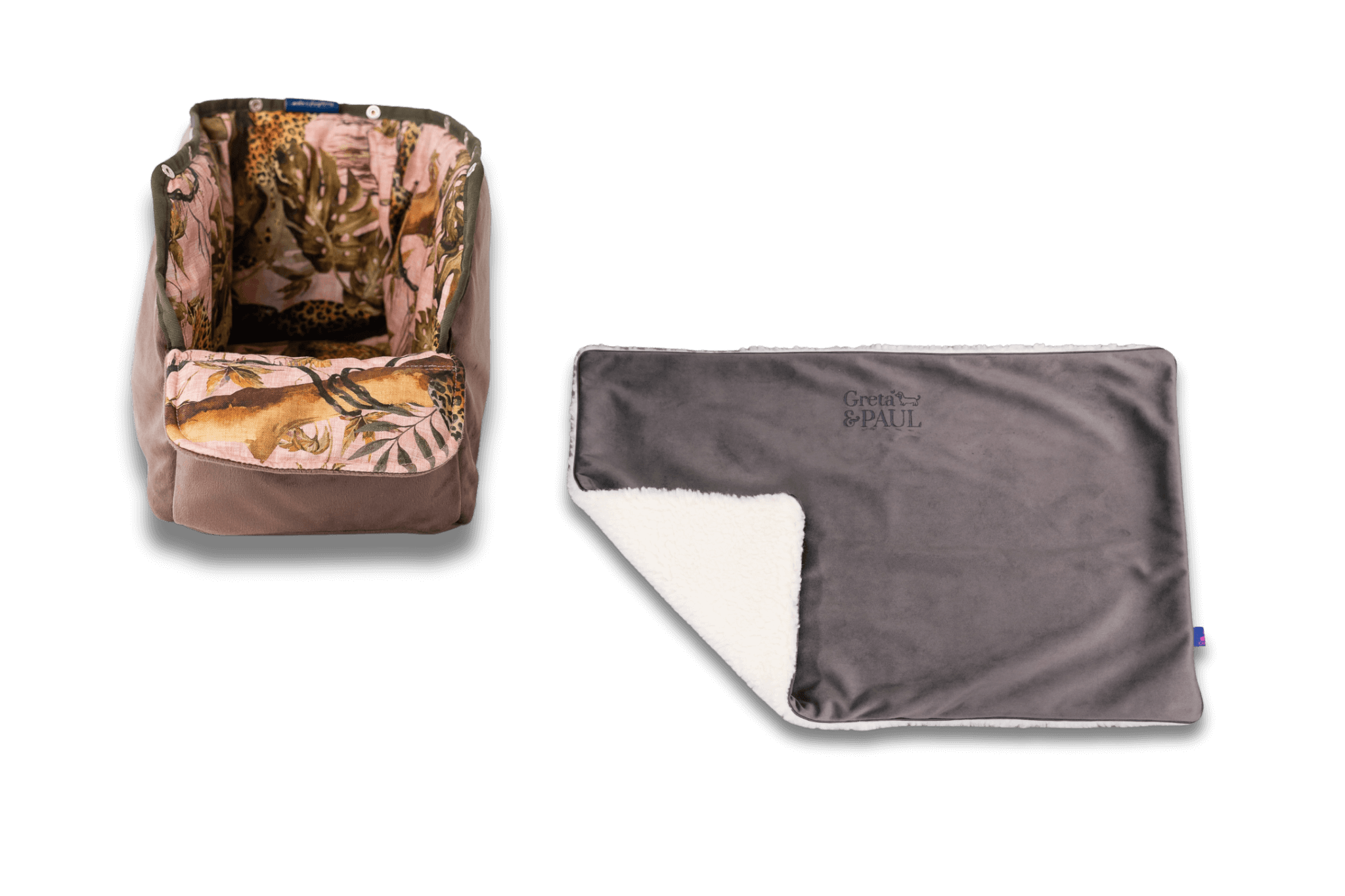Handgefertigte Greta & PAUL anthrazitfarbene Samt-Flausch Hundedecke mit Pink-Leo-farbenem Samt-Inlay