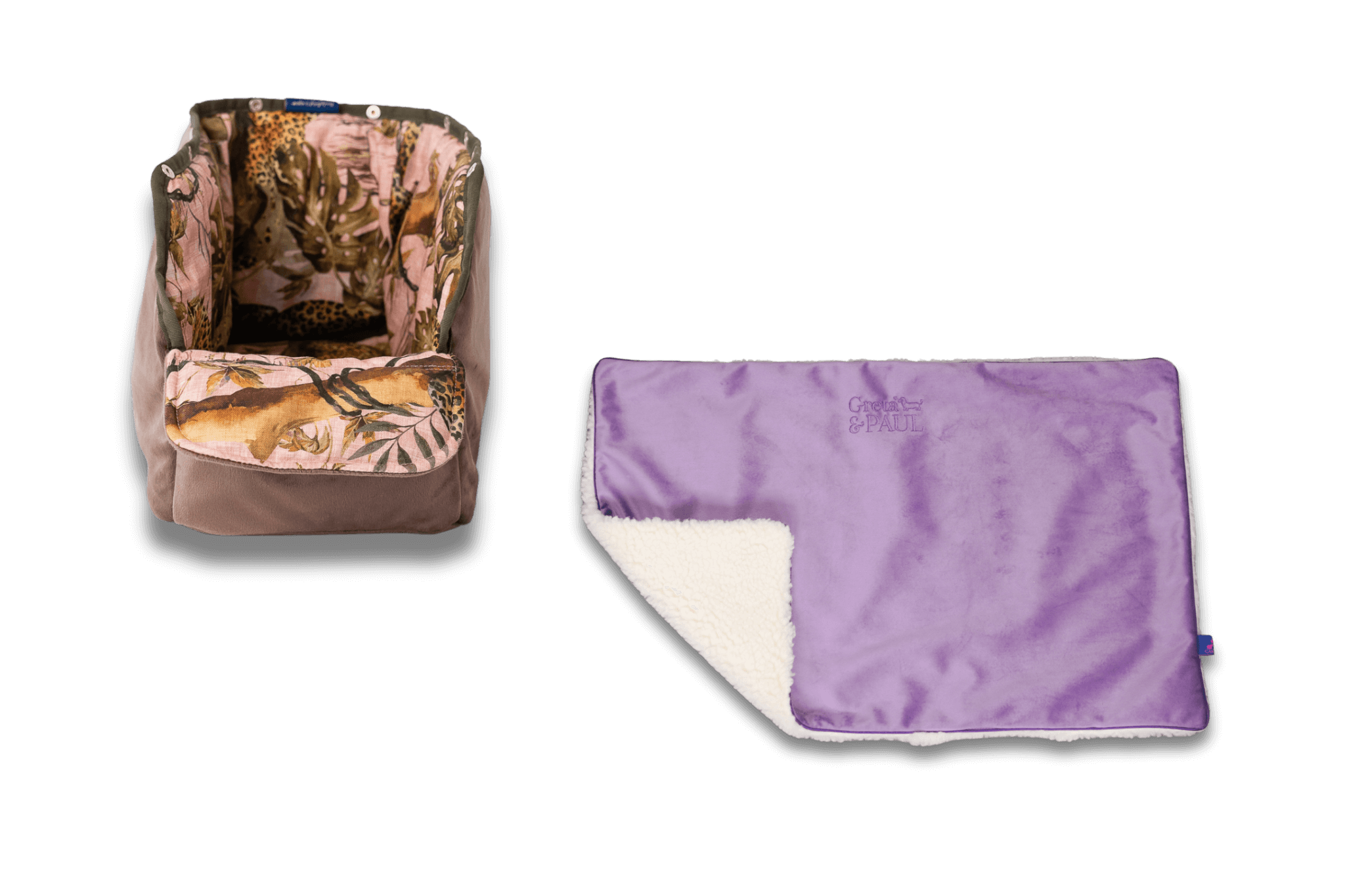 Handgefertigte Greta & PAUL fliederfarbene Samt-Flausch Hundedecke mit Pink-Leo-farbenem Samt-Inlay