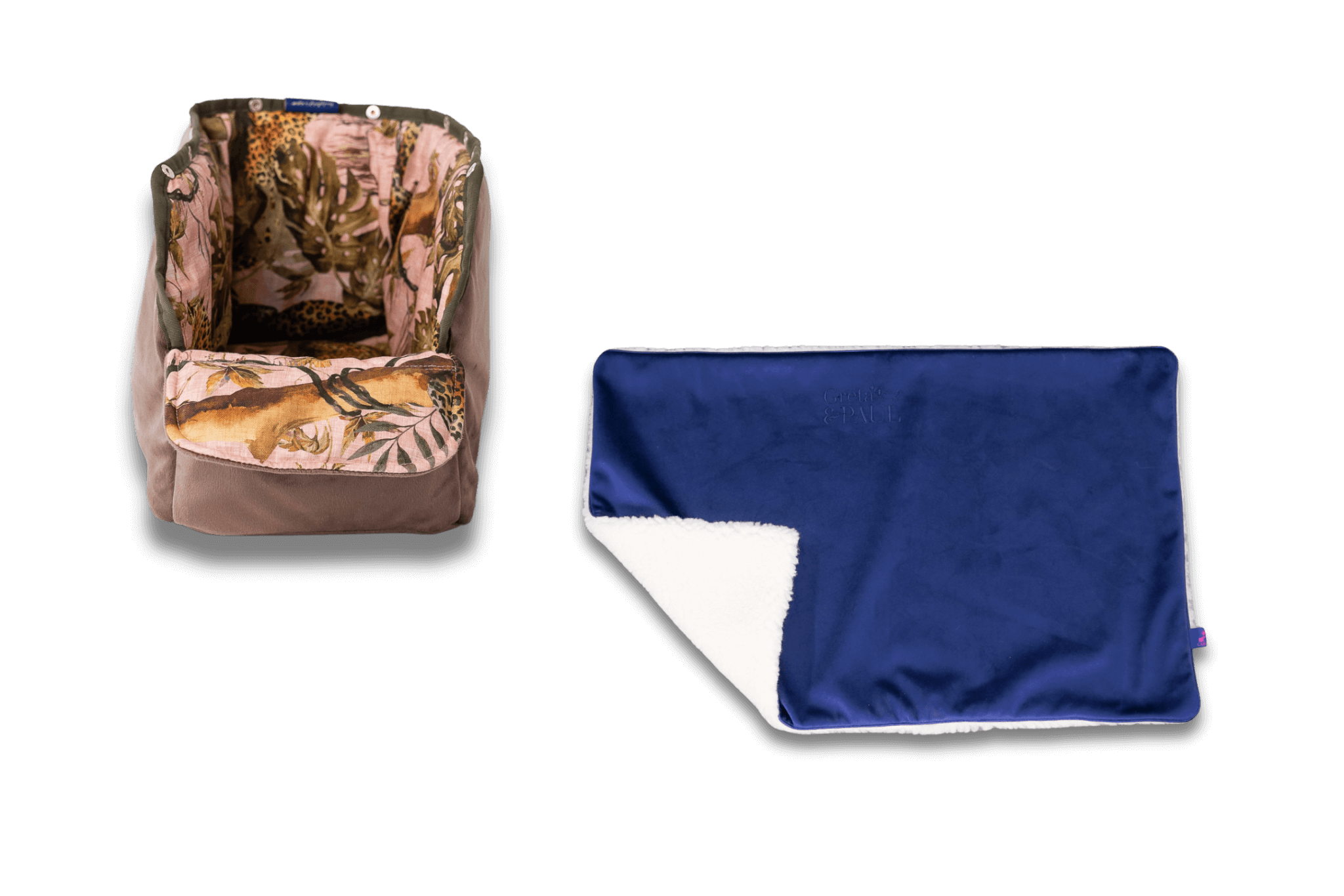 Handgefertigte Greta & PAUL königsblaue Samt-Flausch Hundedecke mit Pink-Leo-farbenem Samt-Inlay