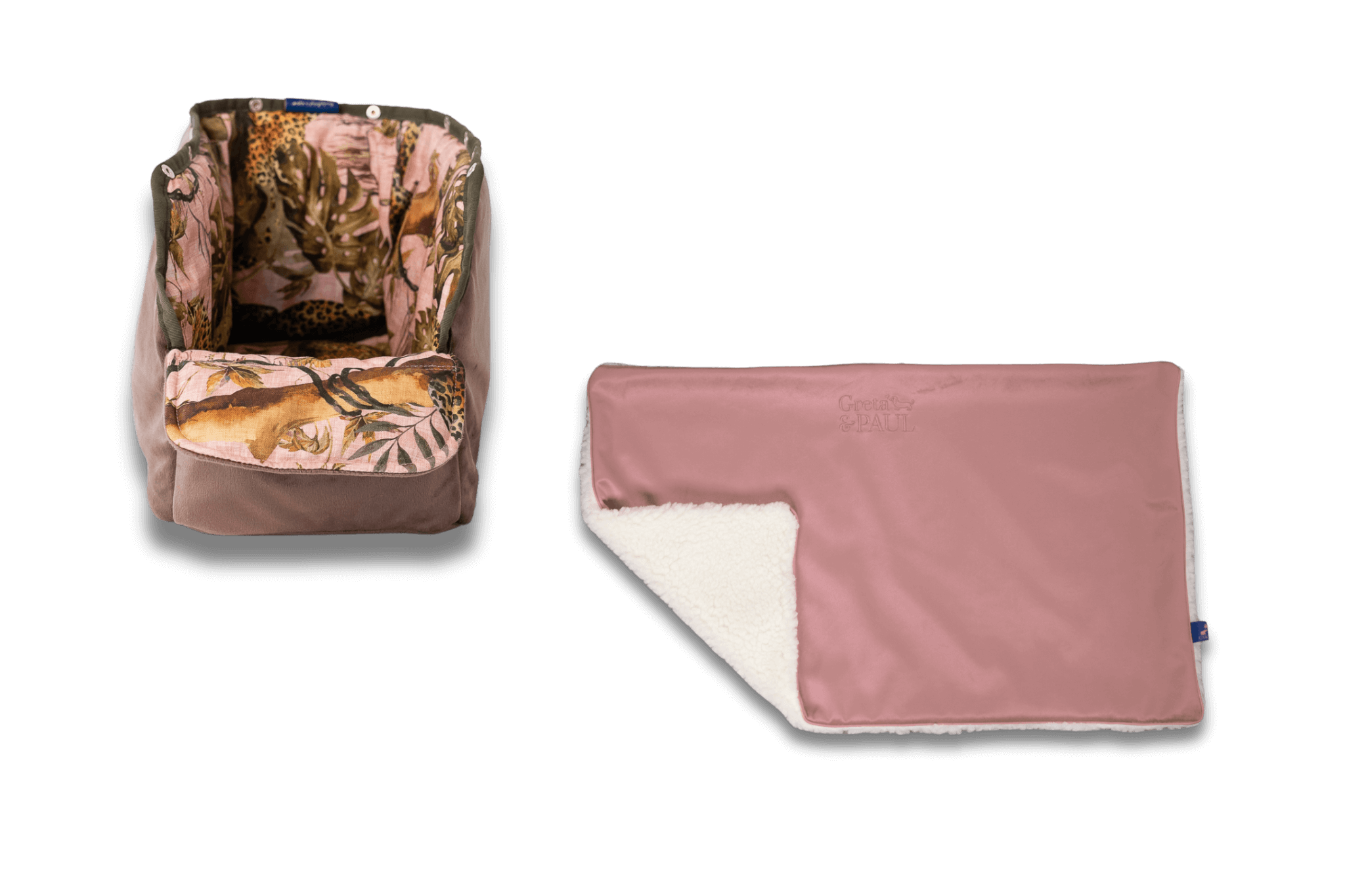 Handgefertigte Greta & PAUL rosafarbene Samt-Flausch Hundedecke mit Pink-Leo-farbenem Samt-Inlay