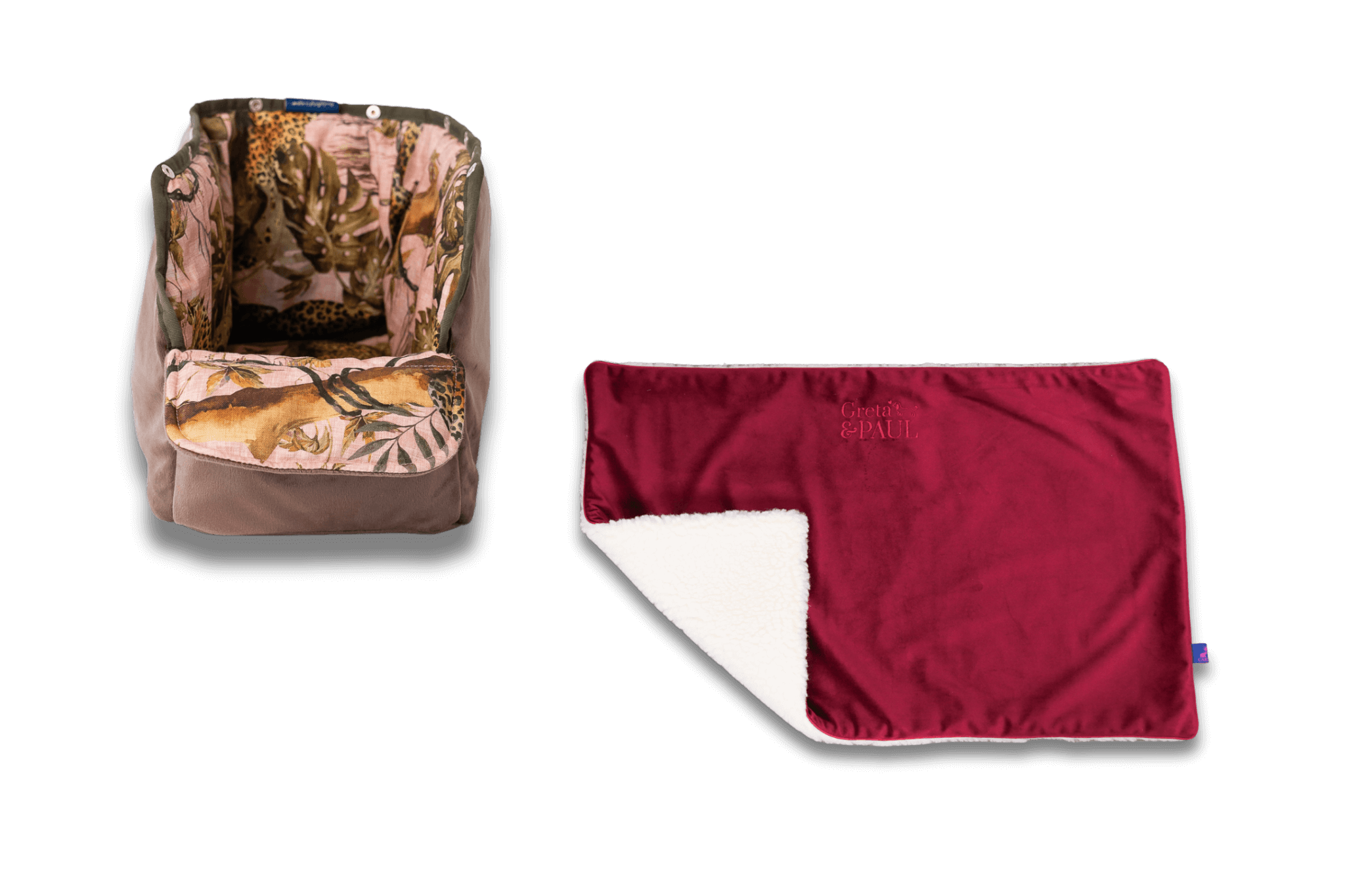 Handgefertigte Greta & PAUL very-berryfarbene Samt-Flausch Hundedecke mit Pink-Leo-farbenem Samt-Inlay