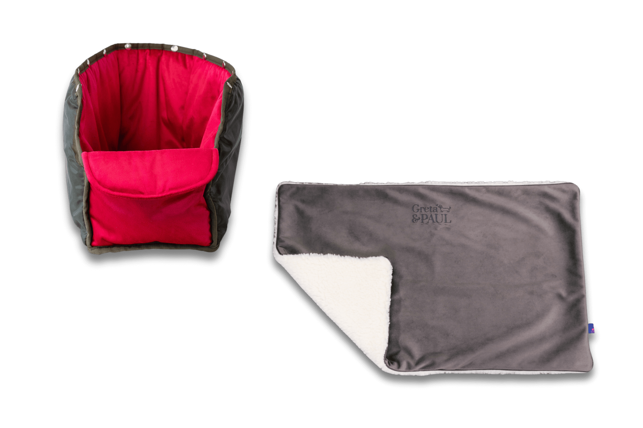 Handgefertigte Greta & PAUL anthrazitfarbene Samt-Flausch Hundedecke mit pinkem Samt-Inlay