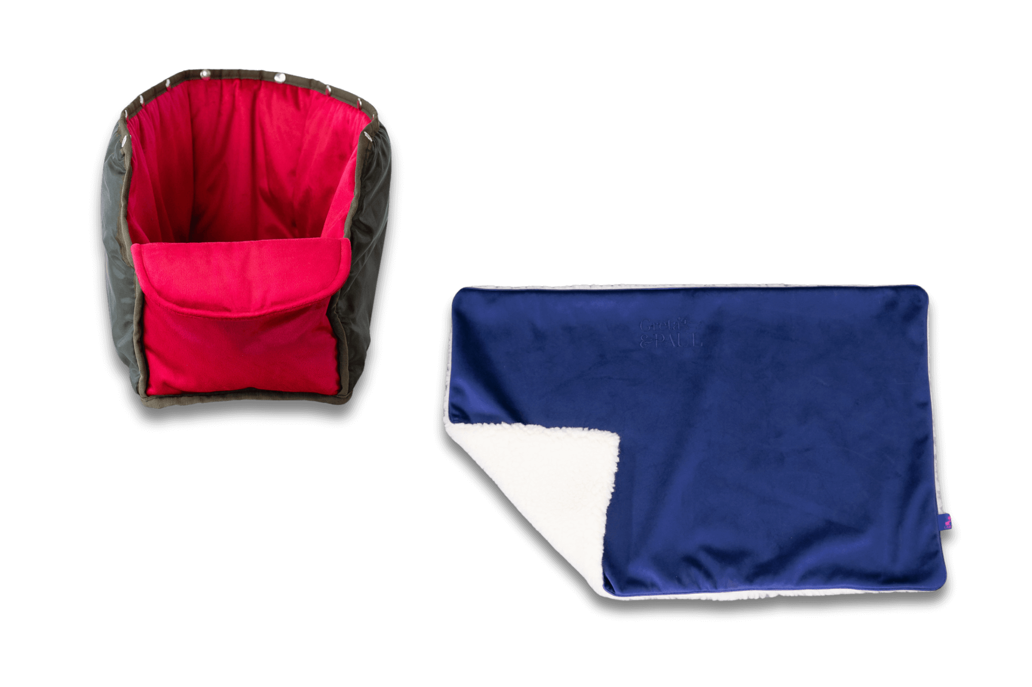 Handgefertigte Greta & PAUL königsblaue Samt-Flausch Hundedecke mit pinkem Samt-Inlay