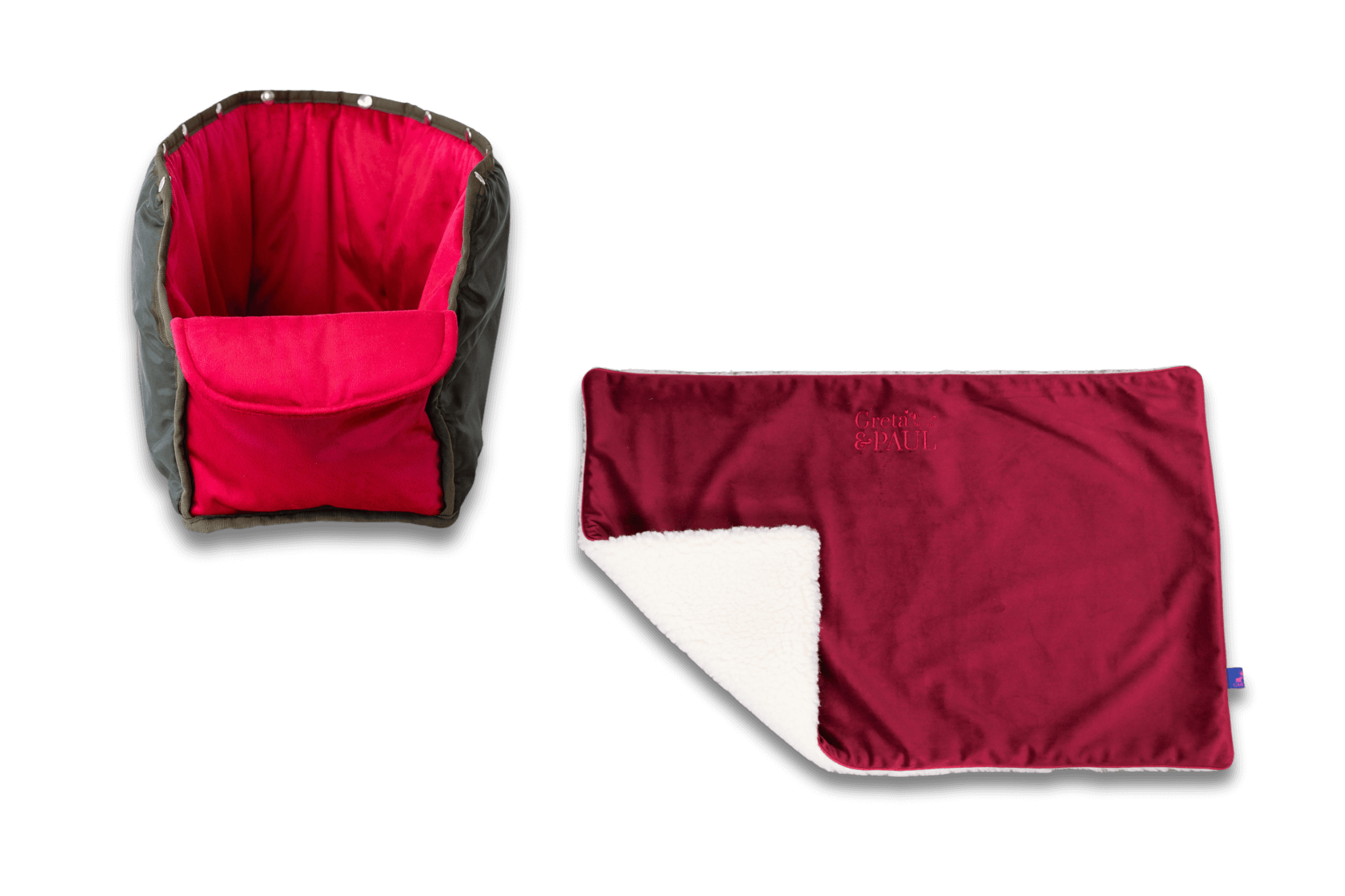 Handgefertigte Greta & PAUL very-berryfarbene Samt-Flausch Hundedecke mit pinkem Samt-Inlay