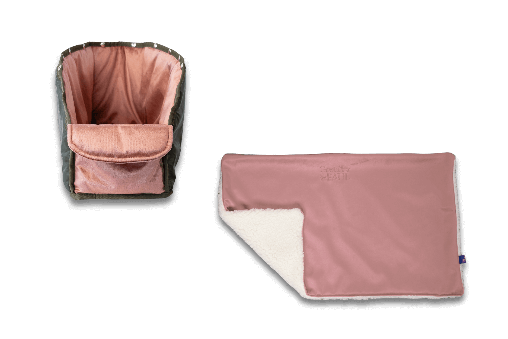 Handgefertigte Greta & PAUL rosafarbene Samt-Flausch Hundedecke mit rosafarbenem Samt-Inlay