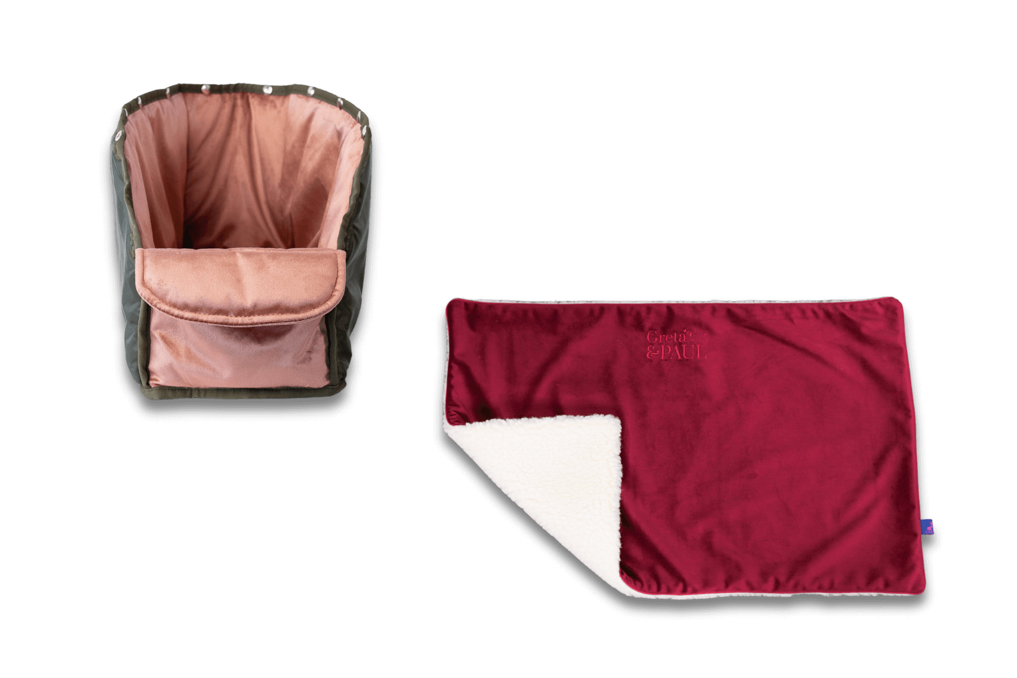 Handgefertigte Greta & PAUL very-berryfarbene Samt-Flausch Hundedecke mit rosafarbenem Samt-Inlay