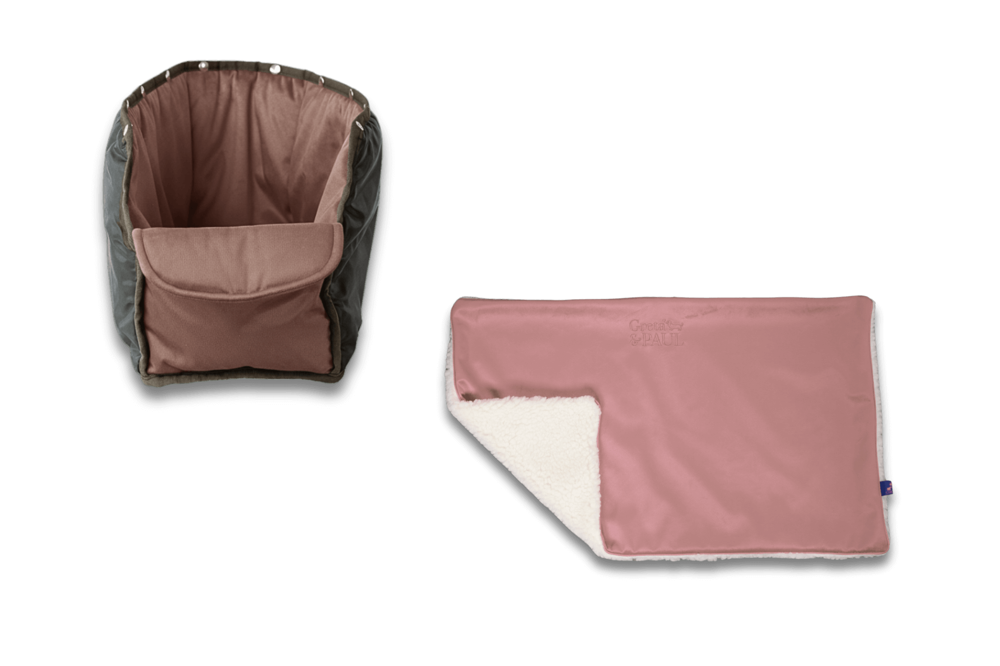 Handgefertigte rosafarbene Samt-Flausch Hundedecke mit taupefarbenem Samt-Inlay von Greta und PAUL