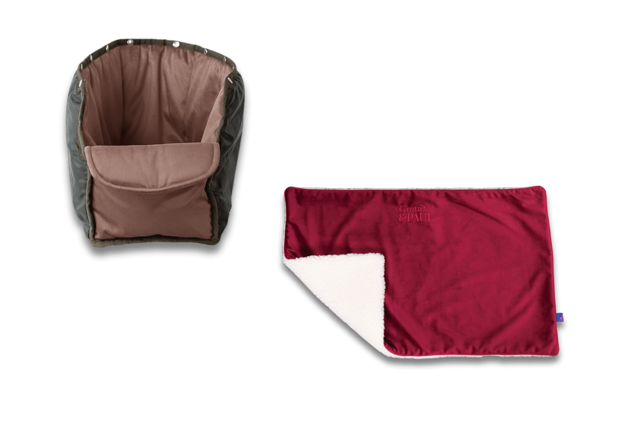 Handgefertigte Very-berryfarbene Samt-Flausch Hundedecke mit taupefarbenem Samt-Inlay von Greta und PAUL