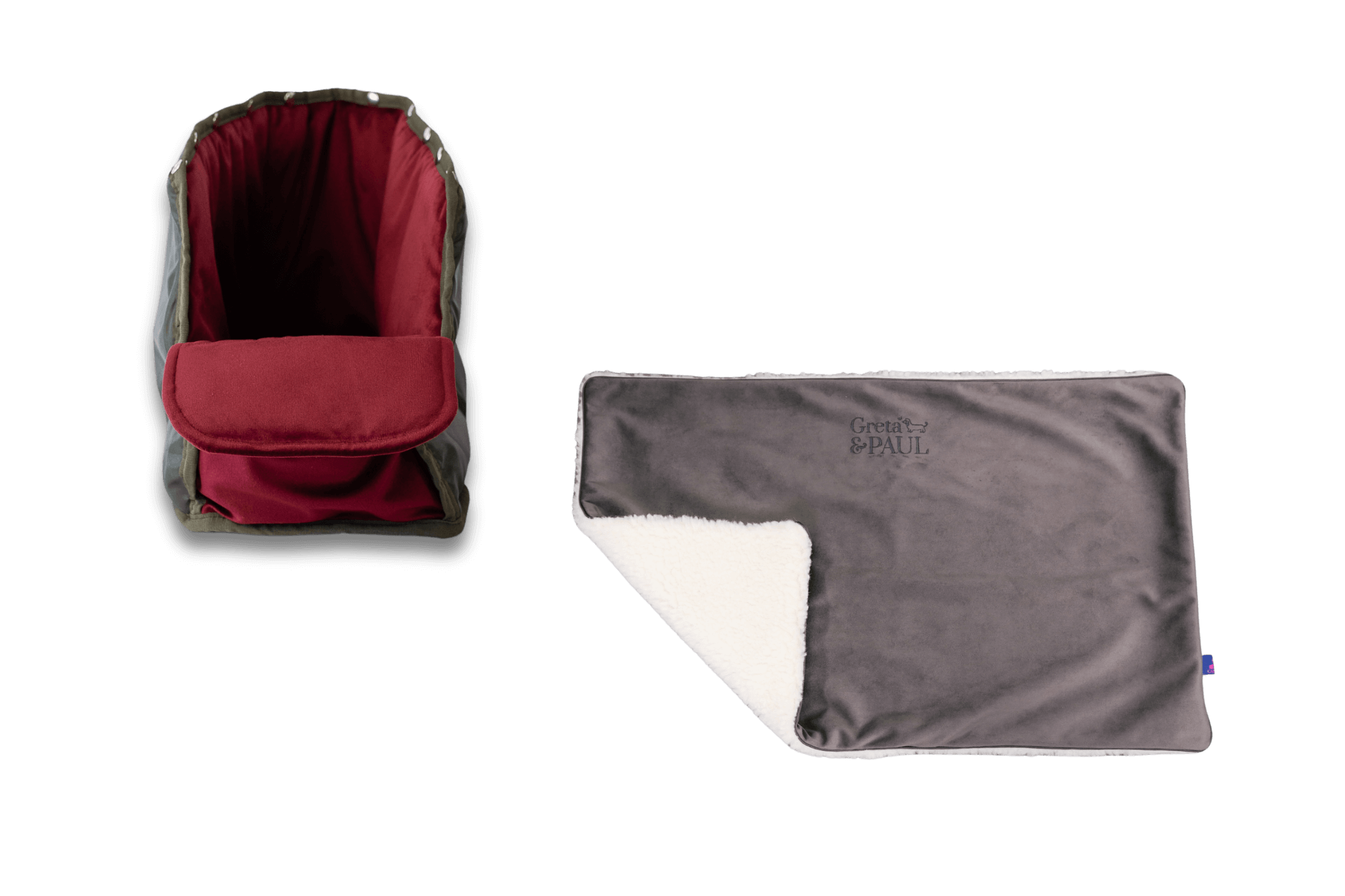 Handgefertigte Greta & PAUL anthrazitfarbene Samt-Flausch Hundedecke mit very-berryfarbenem Samt-Inlay