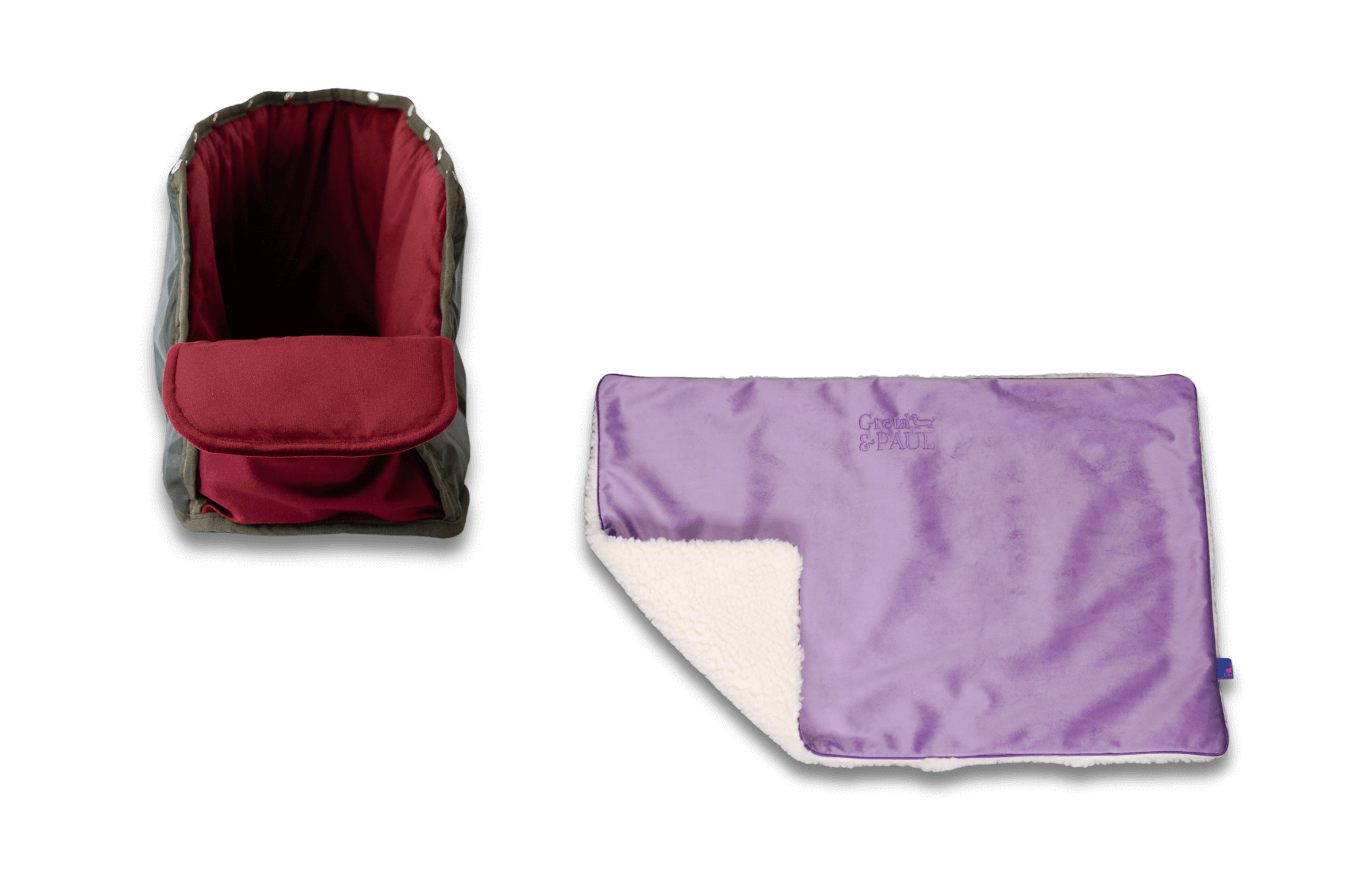 Handgefertigte Greta & PAUL fliederfarbene Samt-Flausch Hundedecke mit very-berryfarbenem Samt-Inlay