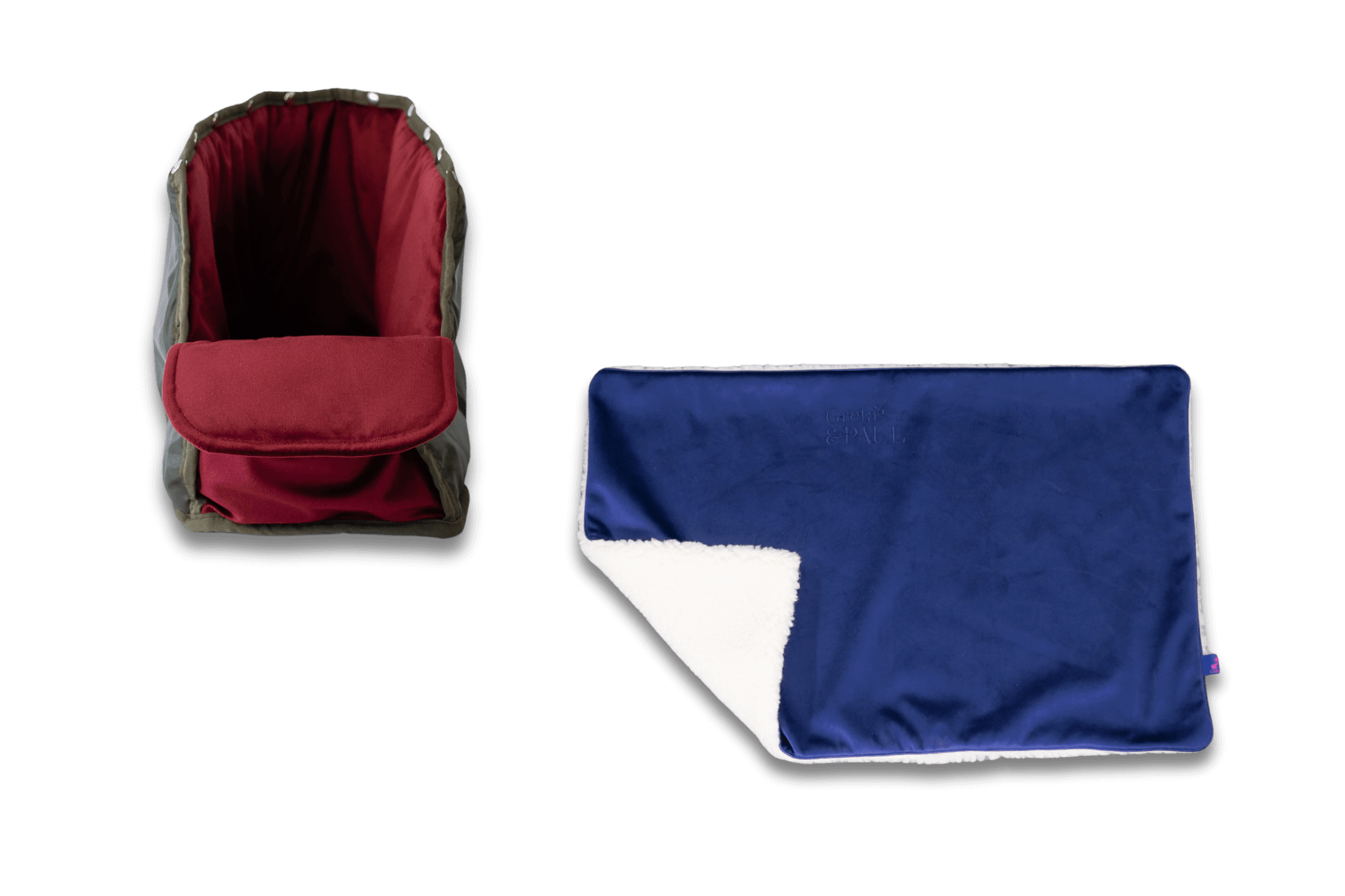 Handgefertigte Greta & PAUL königsblaue Samt-Flausch Hundedecke mit very-berryfarbenem Samt-Inlay