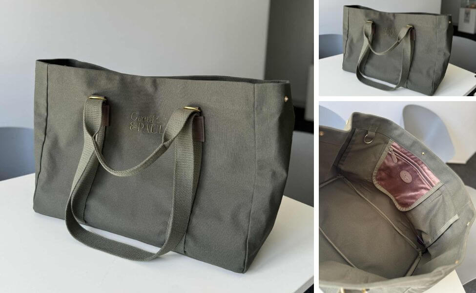 Bildcollage des Shoppers in Khaki-Olivgrün von GRETA & PAUL. Zeigt das Innenleben mit Fächern und gesticktem Logo.
