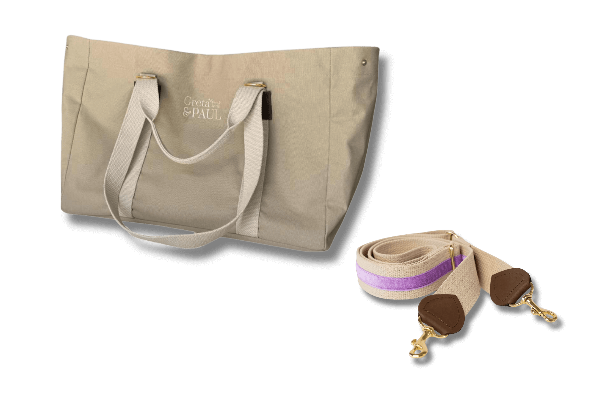 Beigefarbener Greta & PAUL Shopper mit passendem Schulterriemen mit fliederfarbenem Samtstreifen und feinen Lederdetails.