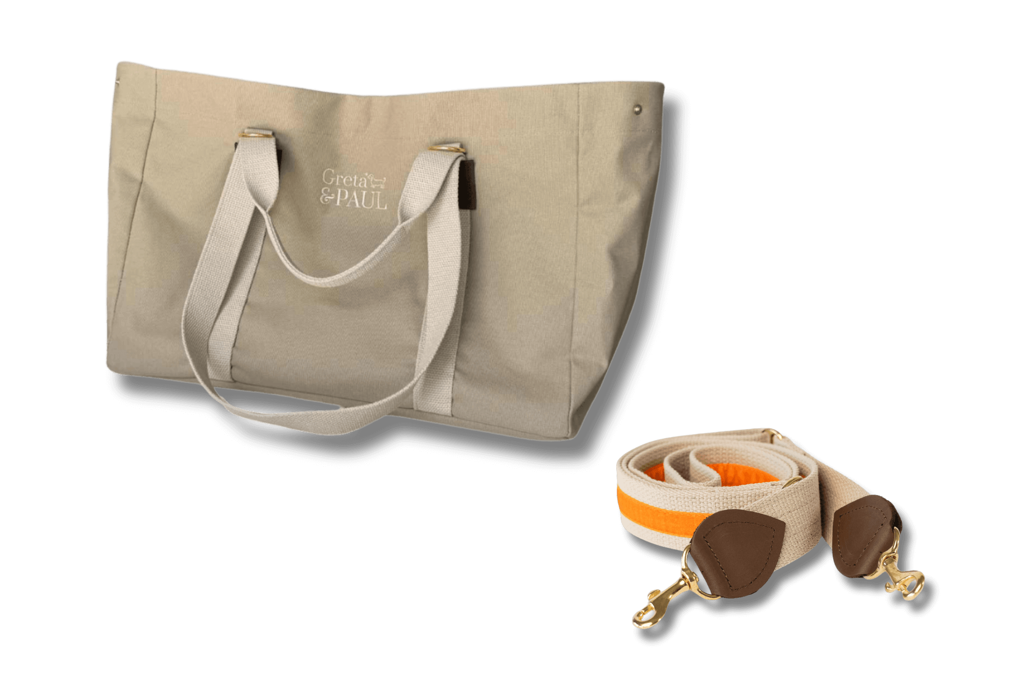 Beigefarbener Greta & PAUL Shopper mit passendem Schulterriemen mit orangefarbenem Samtstreifen und feinen Lederdetails.
