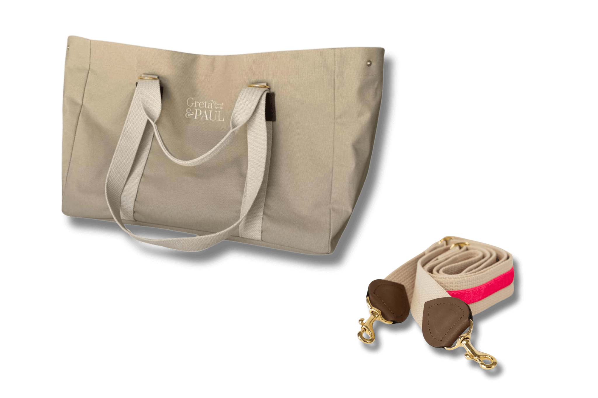 Beigefarbener Greta & PAUL Shopper mit passendem Schulterriemen mit pinkem Samtstreifen und feinen Lederdetails.