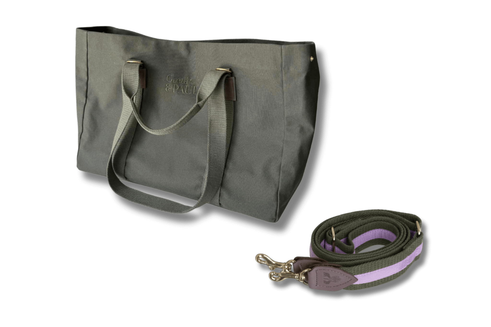 Khakifarbener Greta & PAUL Shopper mit passendem Schulterriemen, der einen fliederfarbenen Samtstreifen und feine Lederdetails aufweist.