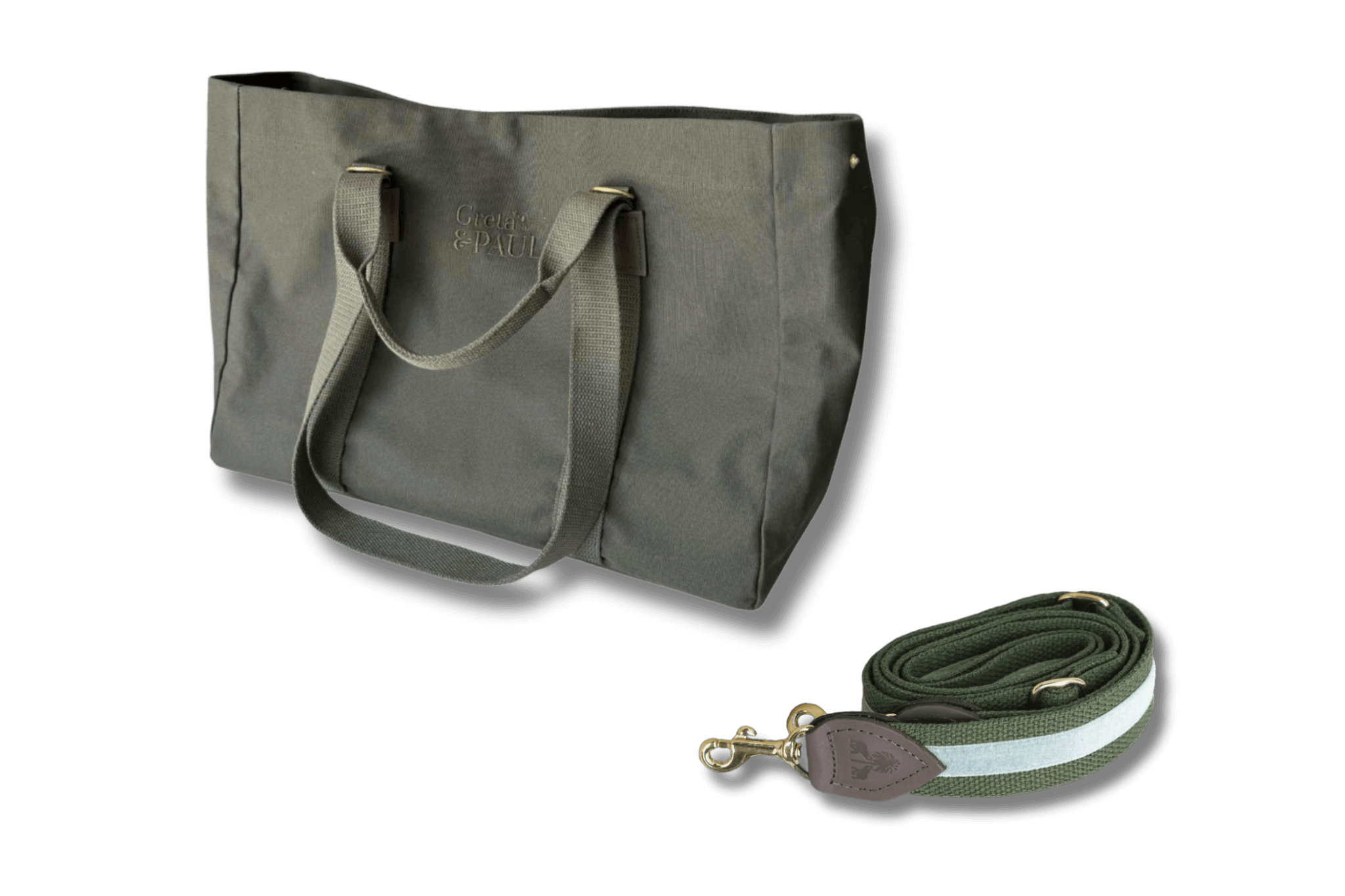 Khakifarbener Greta & PAUL Shopper mit passendem Schulterriemen, der einen grauen Samtstreifen und feine Lederdetails aufweist.