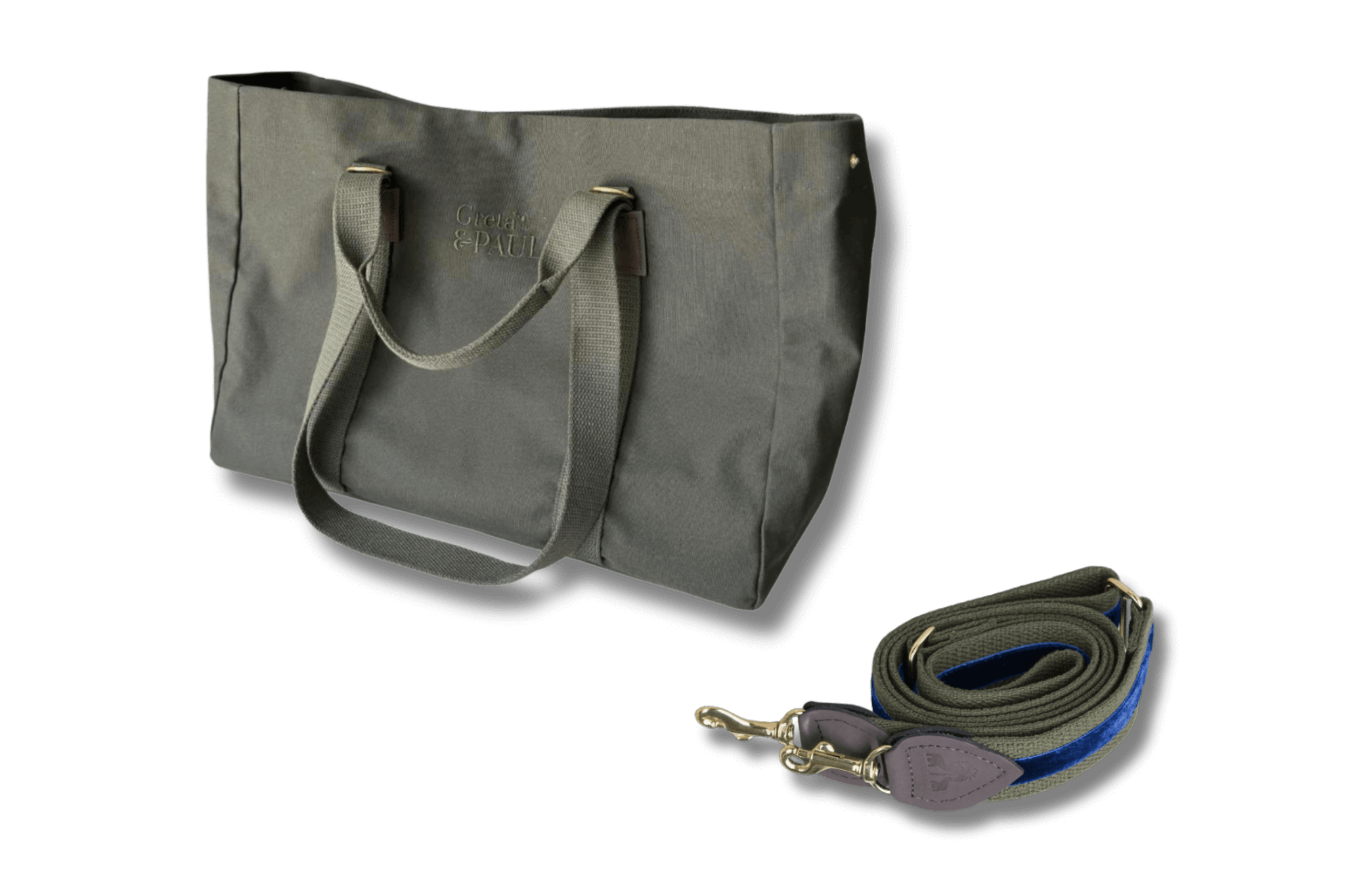 Khakifarbener Greta & PAUL Shopper mit passendem Schulterriemen, der einen königsblauen Samtstreifen und feine Lederdetails aufweist.