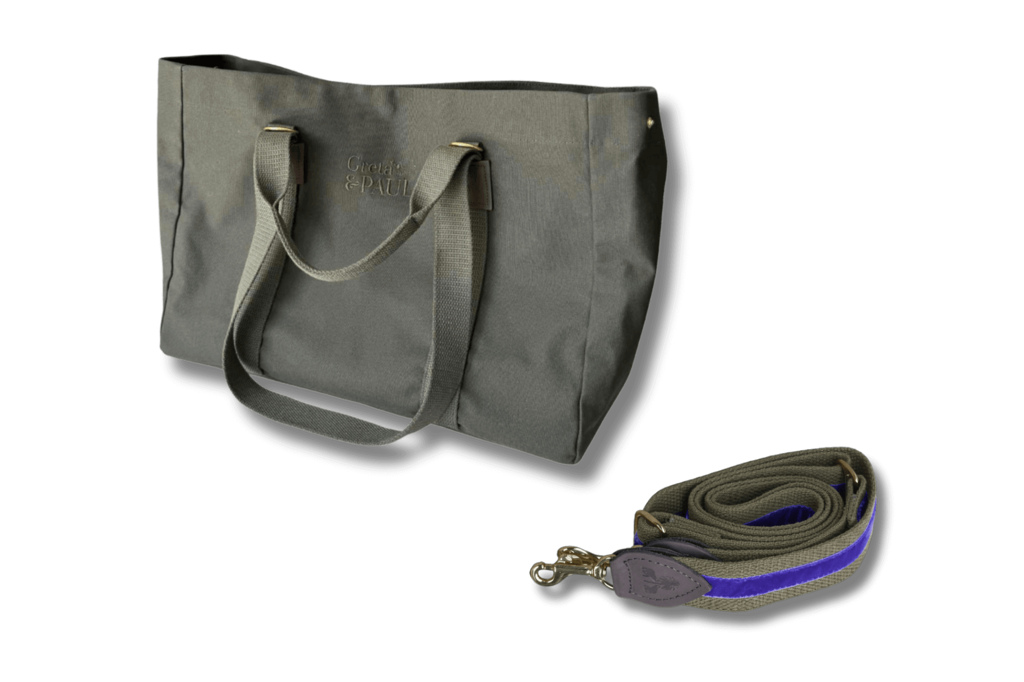 Khakifarbener Greta & PAUL Shopper mit passendem Schulterriemen, der einen lilafarbenen Samtstreifen und feine Lederdetails aufweist.