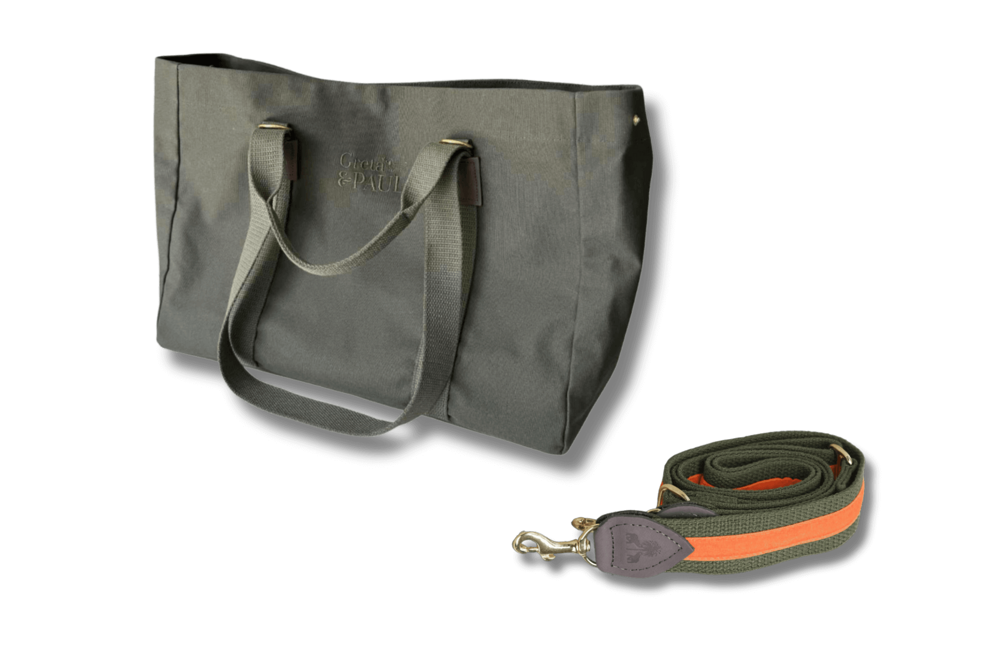 Khakifarbener Greta & PAUL Shopper mit passendem Schulterriemen, der einen orangefarbenen Samtstreifen und feine Lederdetails aufweist.