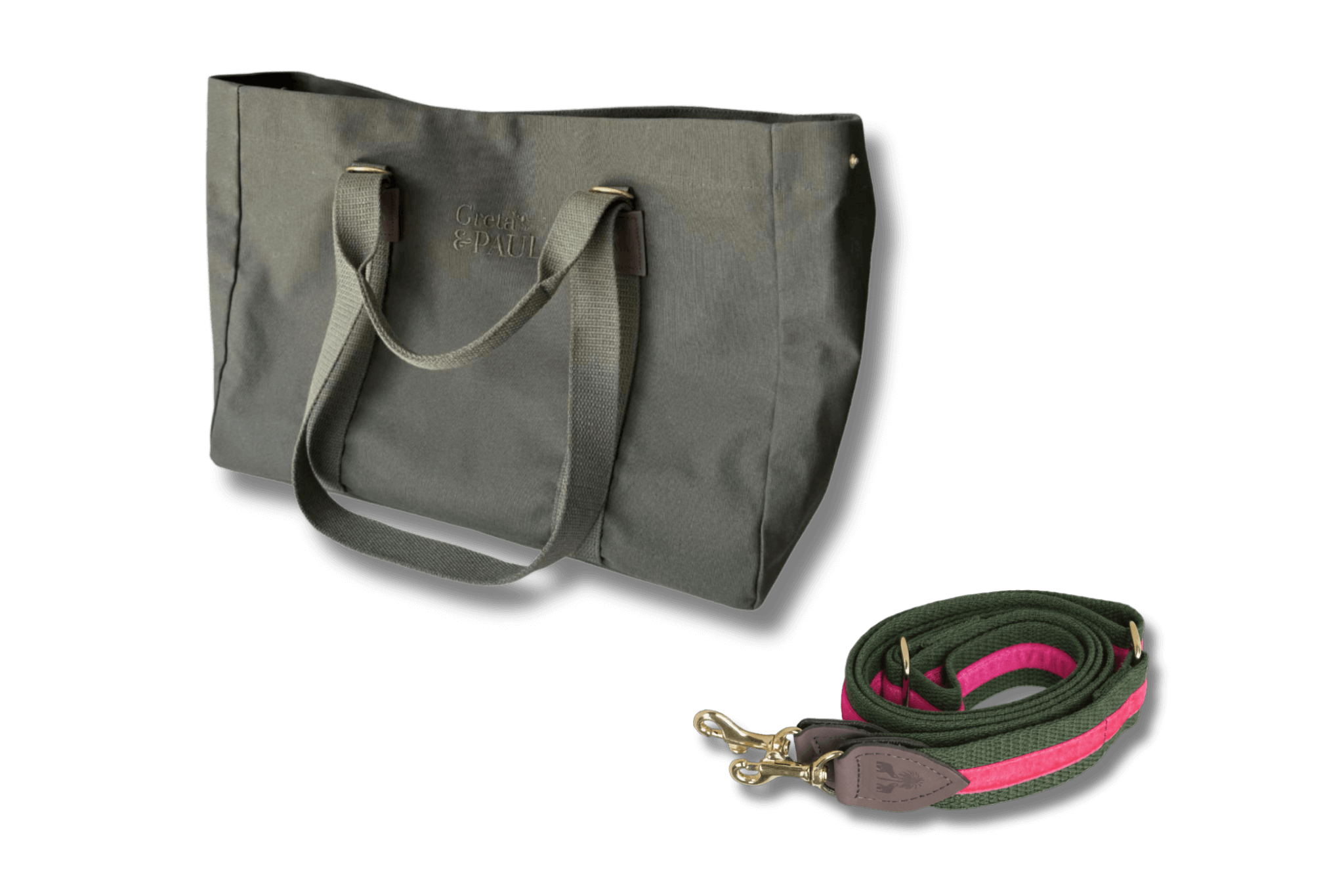 Khakifarbener Greta & PAUL Shopper mit passendem Schulterriemen, der einen pinken Samtstreifen und feine Lederdetails aufweist.