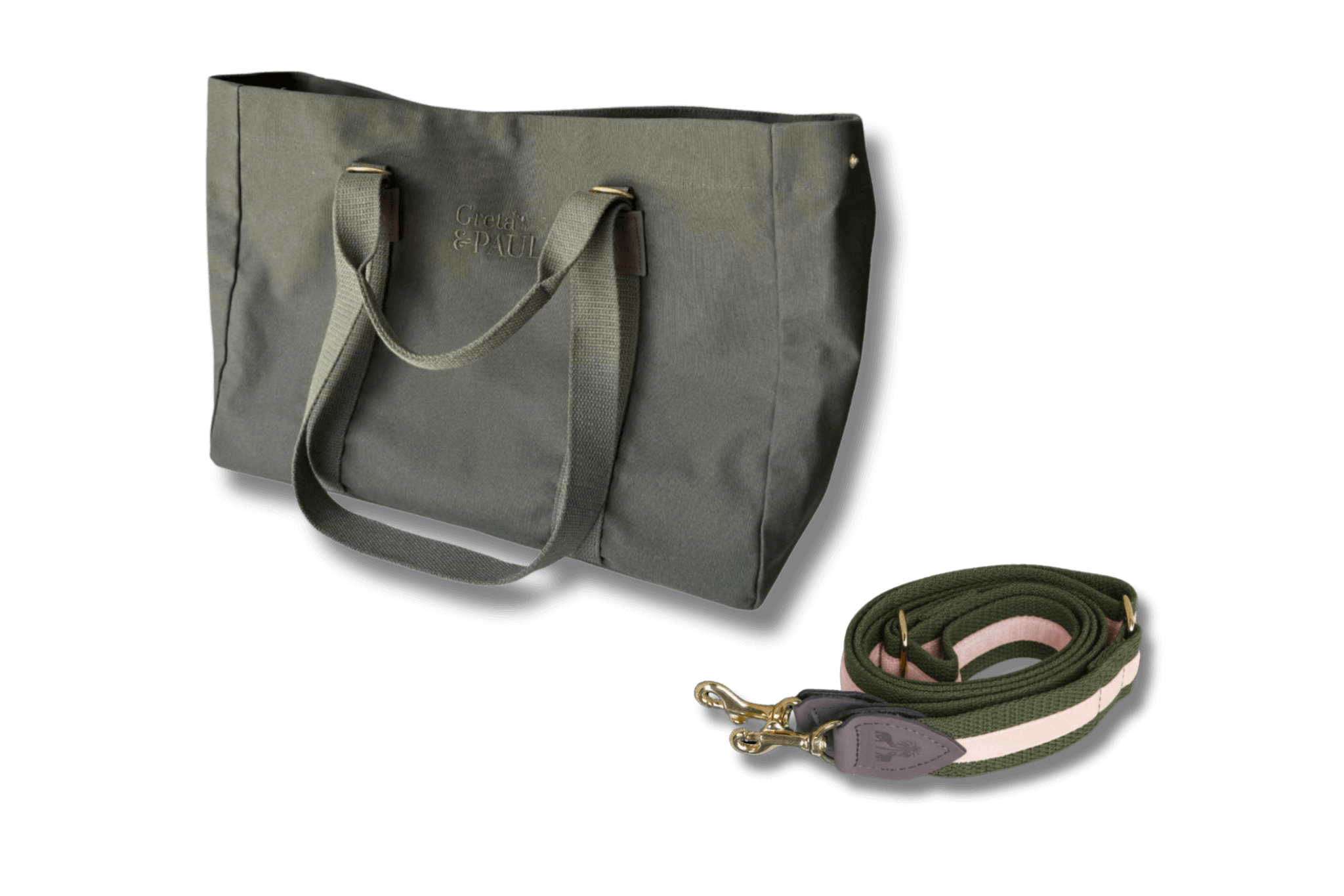 Khakifarbener Greta & PAUL Shopper mit passendem Schulterriemen, der einen rosafarbenen Samtstreifen und feine Lederdetails aufweist.